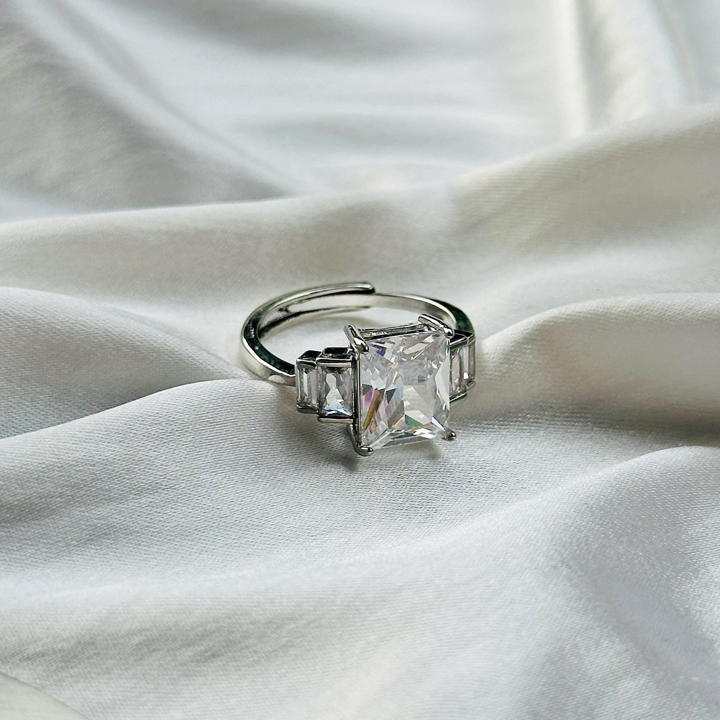 American Diamond Ice Cut Stone American Diamond Silver Plated Adjustable Ring