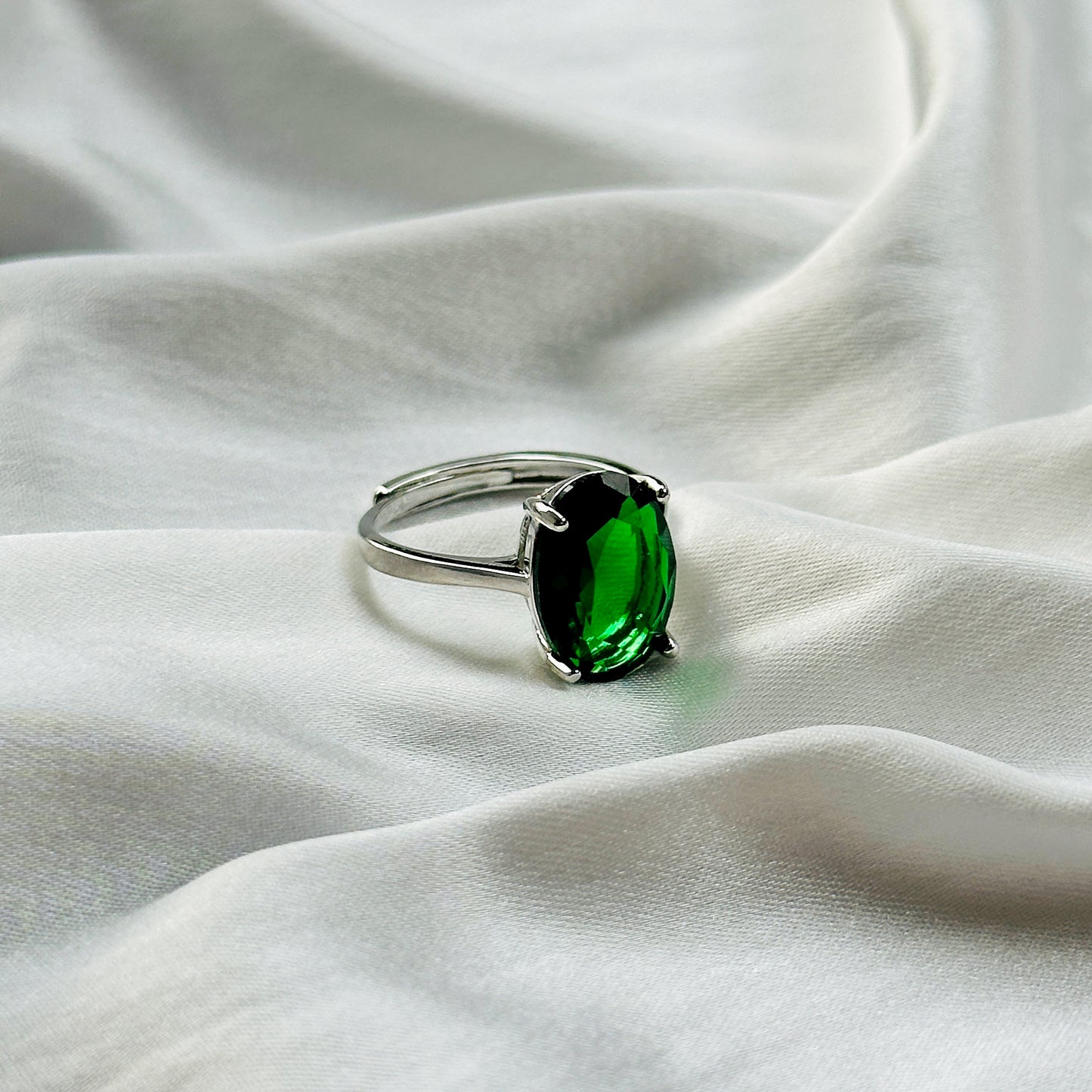 Green Emerald Cubic Zircon Ice Cut Stone Silver Plated Adjustable Ring