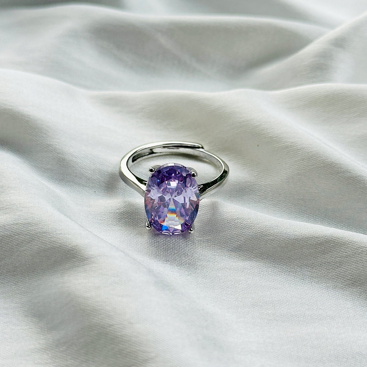 Light Amethyst Cubic Zircon Ice Cut Stone Silver Plated Adjustable Ring