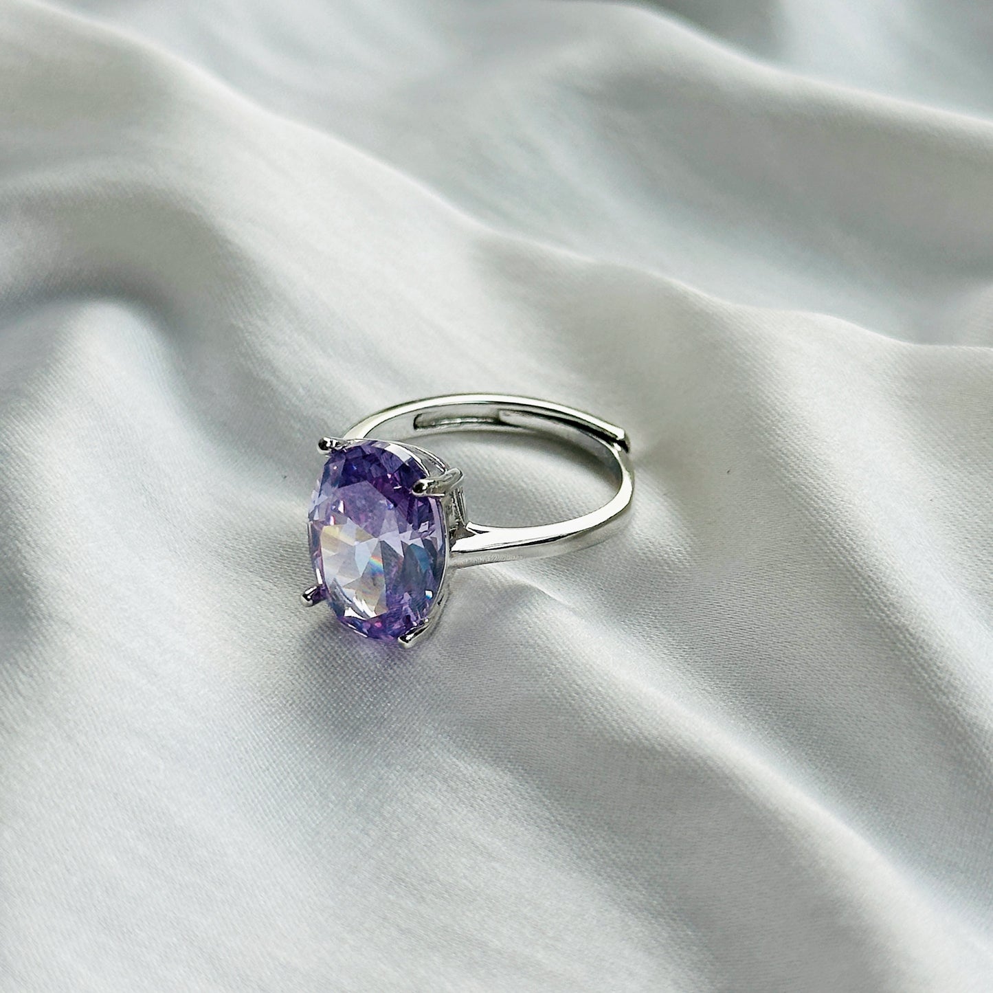 Light Amethyst Cubic Zircon Ice Cut Stone Silver Plated Adjustable Ring