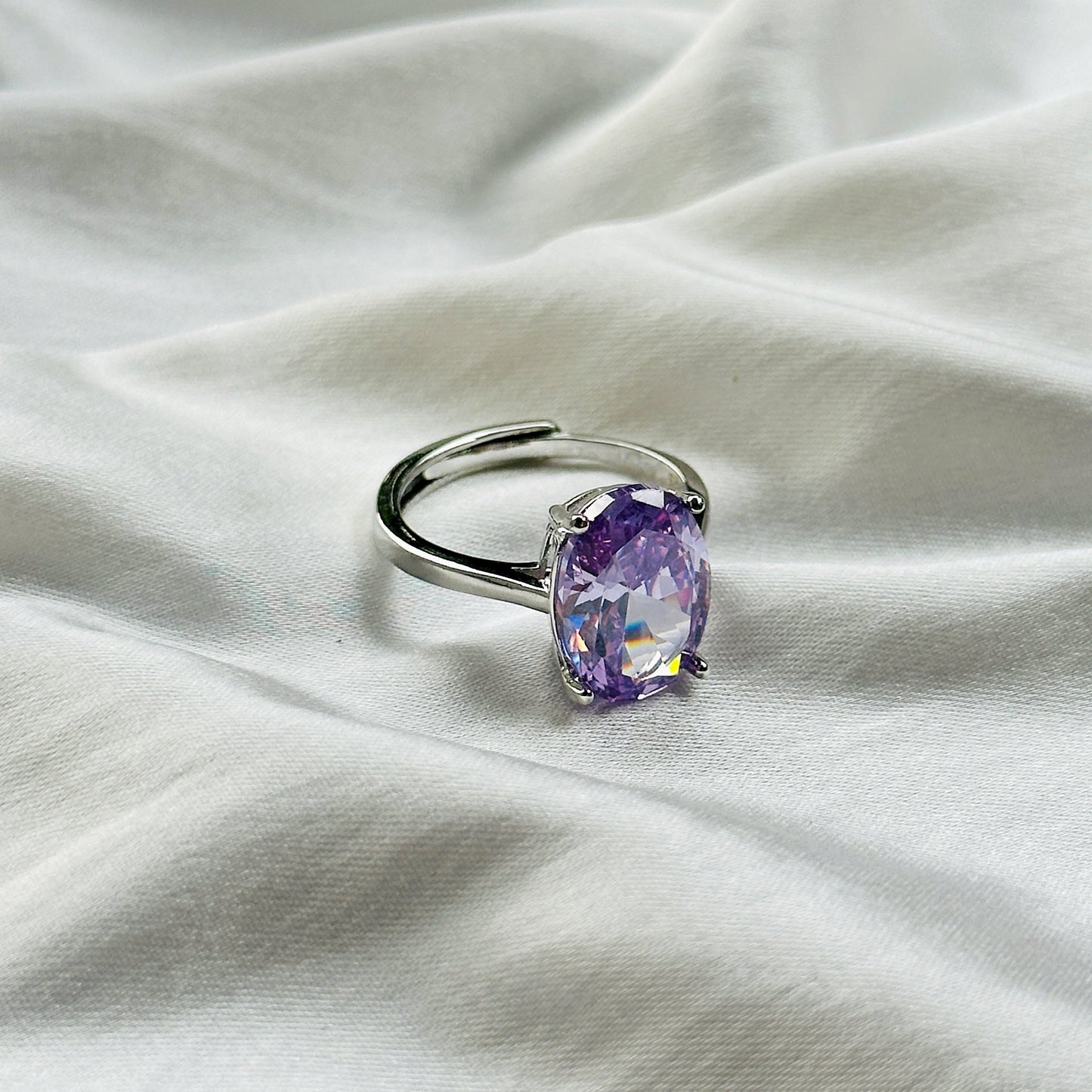Light Amethyst Cubic Zircon Ice Cut Stone Silver Plated Adjustable Ring