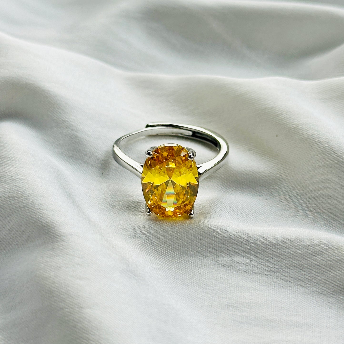 Yellow Topaz Cubic Zircon Ice Cut Stone Silver Plated Adjustable Ring