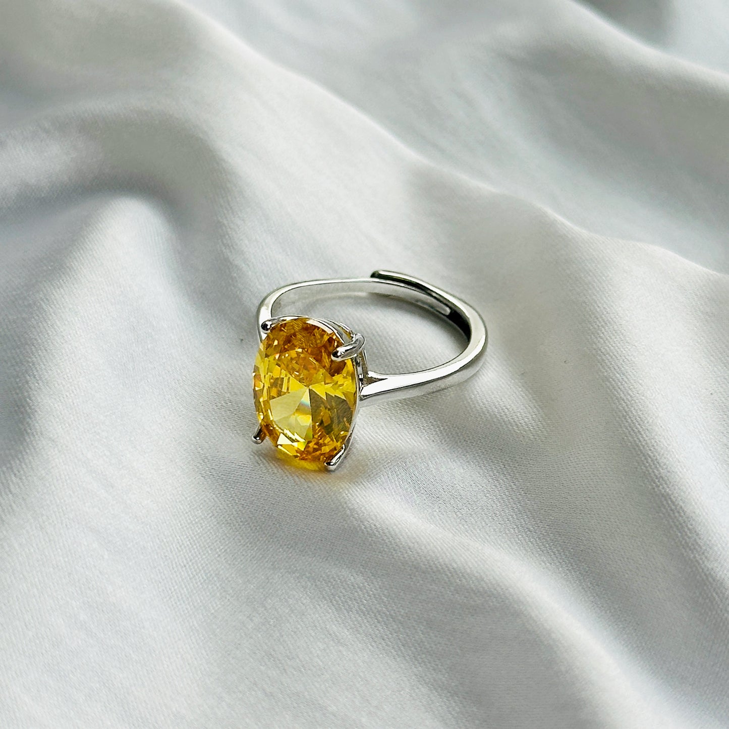 Yellow Topaz Cubic Zircon Ice Cut Stone Silver Plated Adjustable Ring
