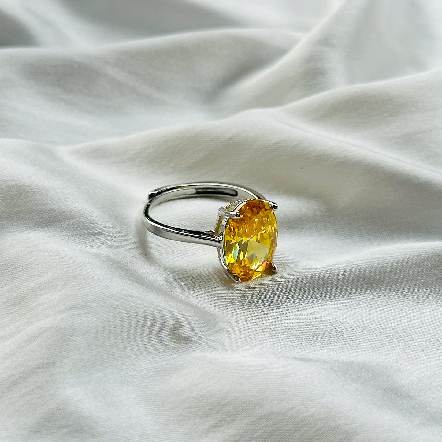 Yellow Topaz Cubic Zircon Ice Cut Stone Silver Plated Adjustable Ring