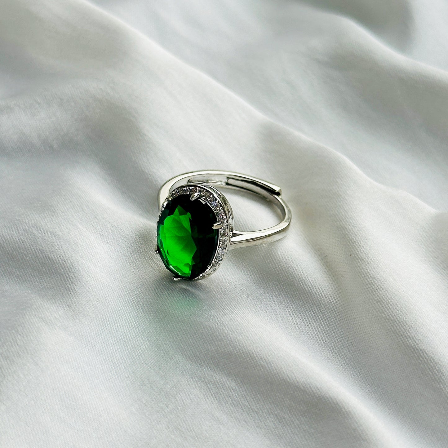 Green Emerald Cubic Zircon Ice Cut Stone American Diamond Silver Plated Adjustable Ring