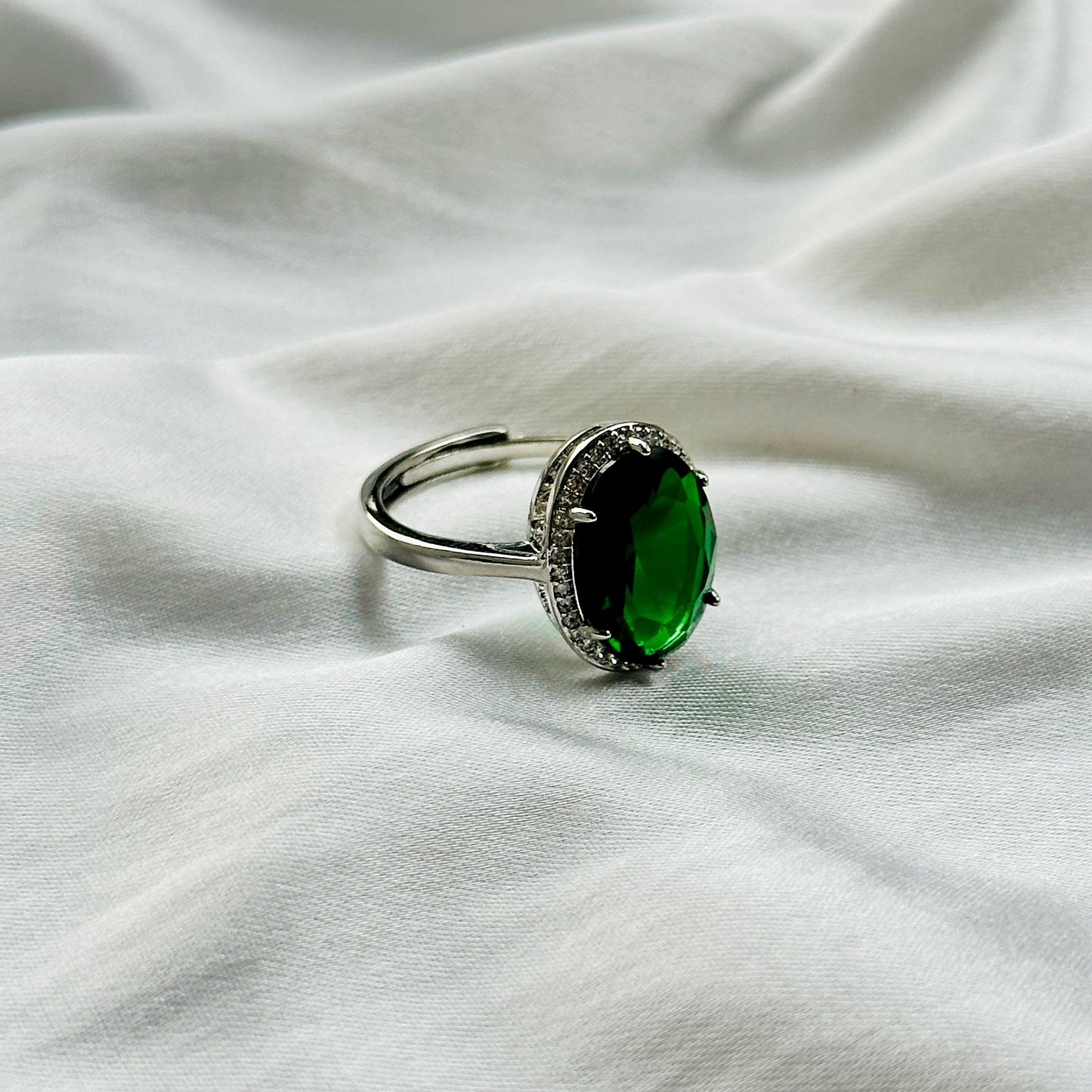 Green Emerald Cubic Zircon Ice Cut Stone American Diamond Silver Plated Adjustable Ring