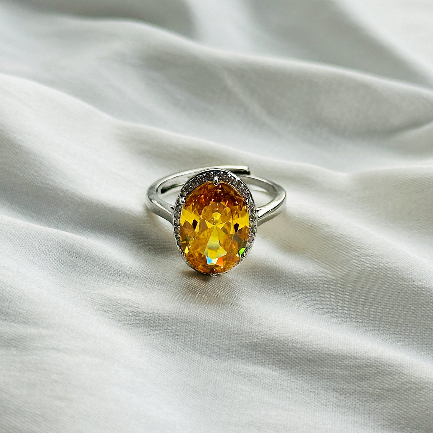 Yellow Topaz Cubic Zircon Ice Cut Stone American Diamond Silver Plated Adjustable Ring
