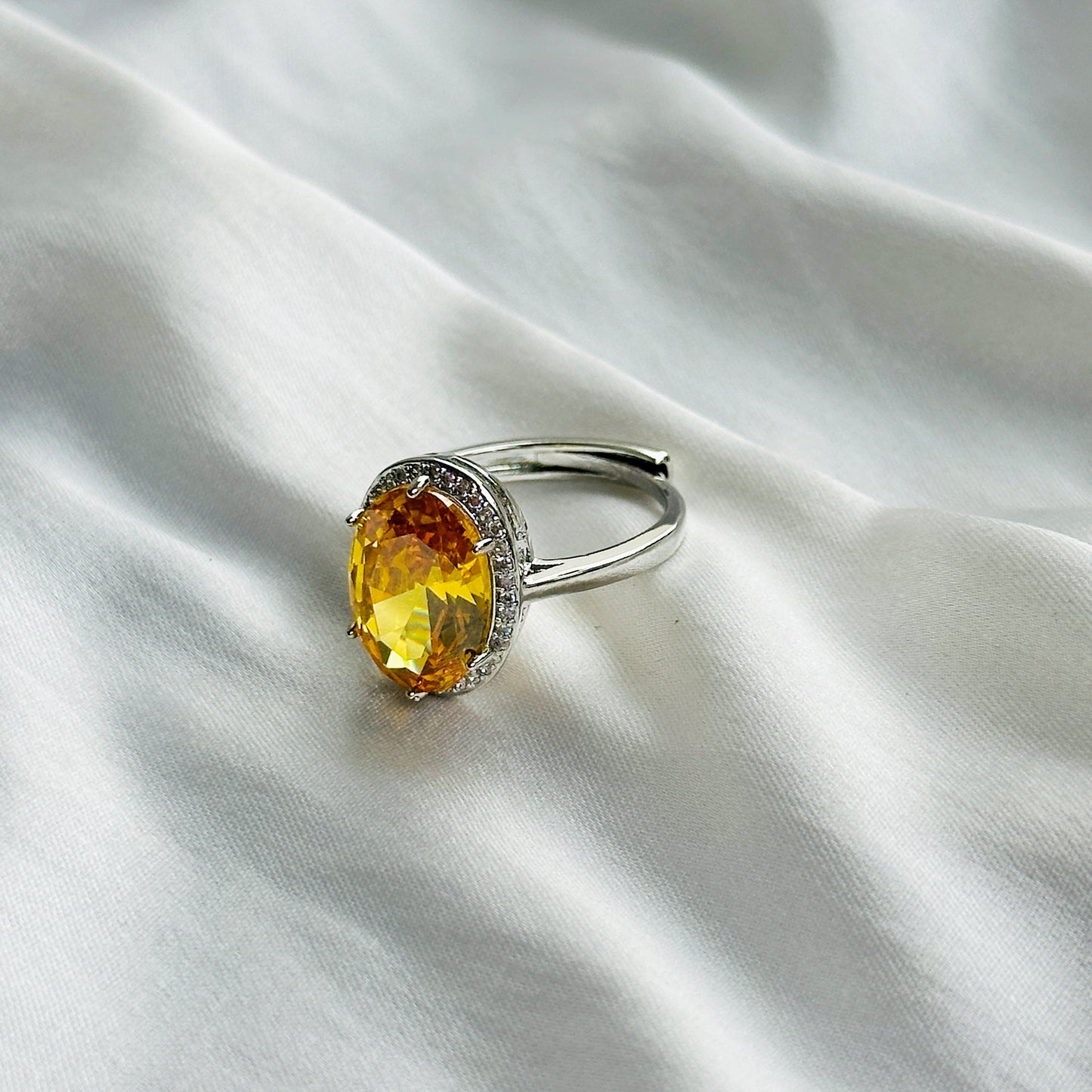 Yellow Topaz Cubic Zircon Ice Cut Stone American Diamond Silver Plated Adjustable Ring