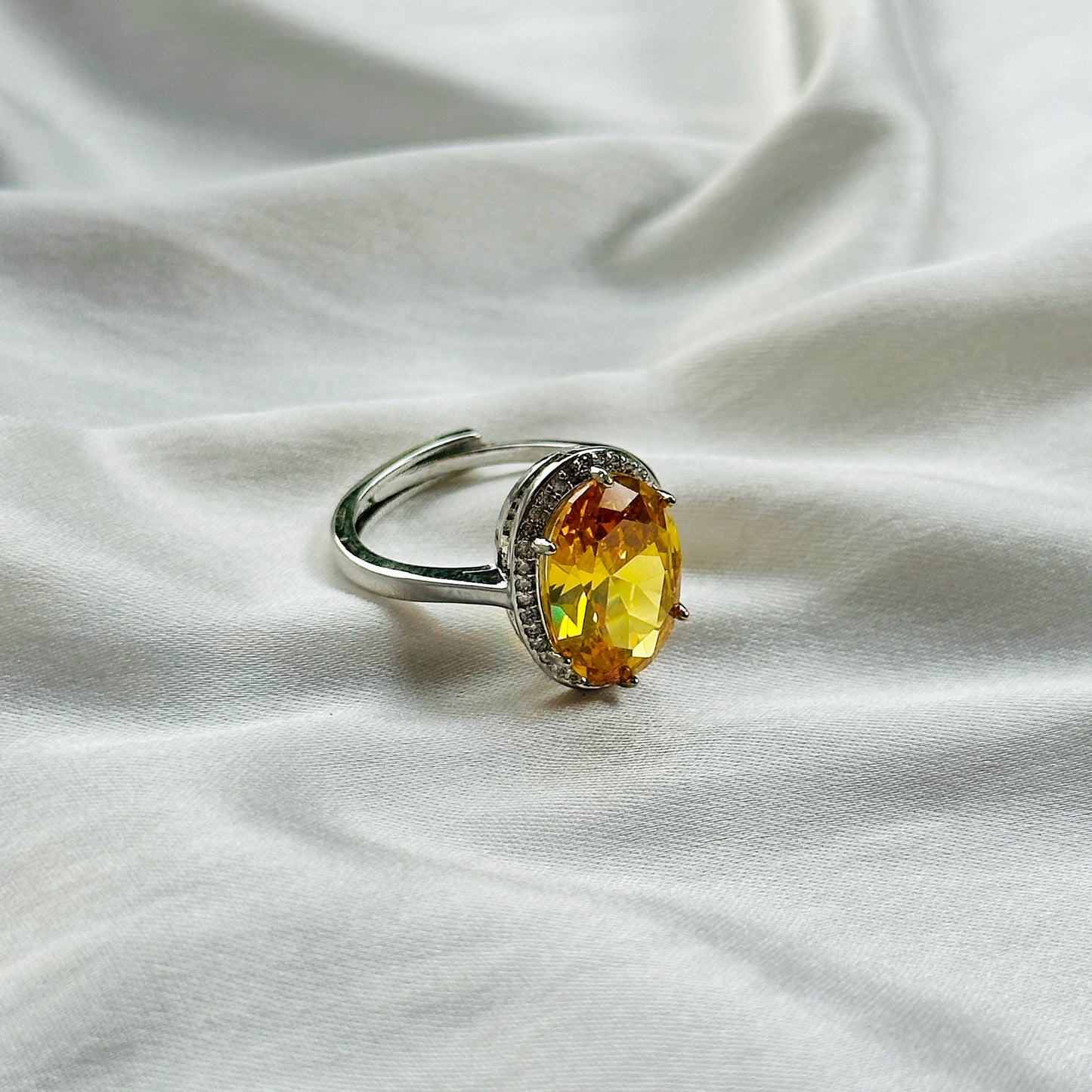 Yellow Topaz Cubic Zircon Ice Cut Stone American Diamond Silver Plated Adjustable Ring