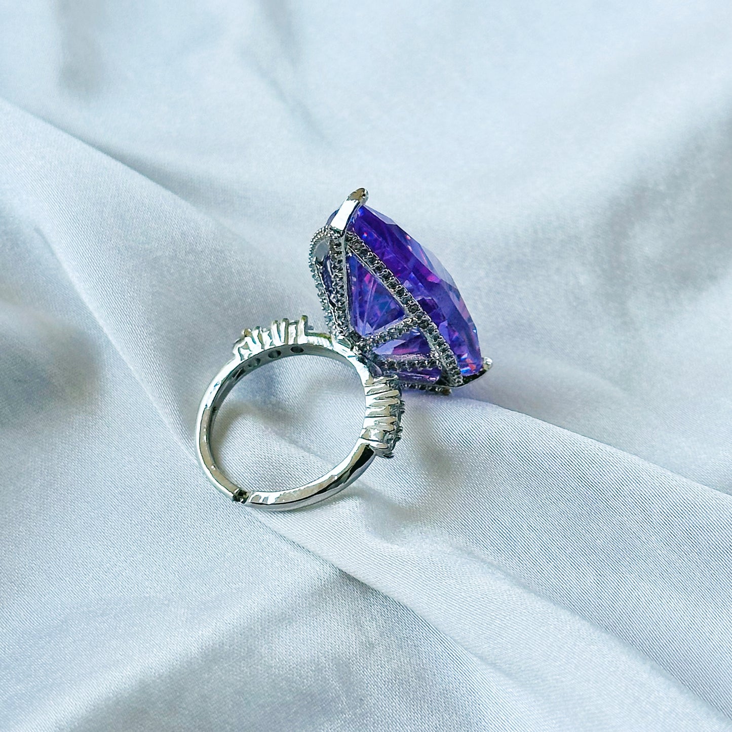 Purple Amethyst Cubic Zirconia Ice Cut American Diamond Silver Plated Adjustable Ring