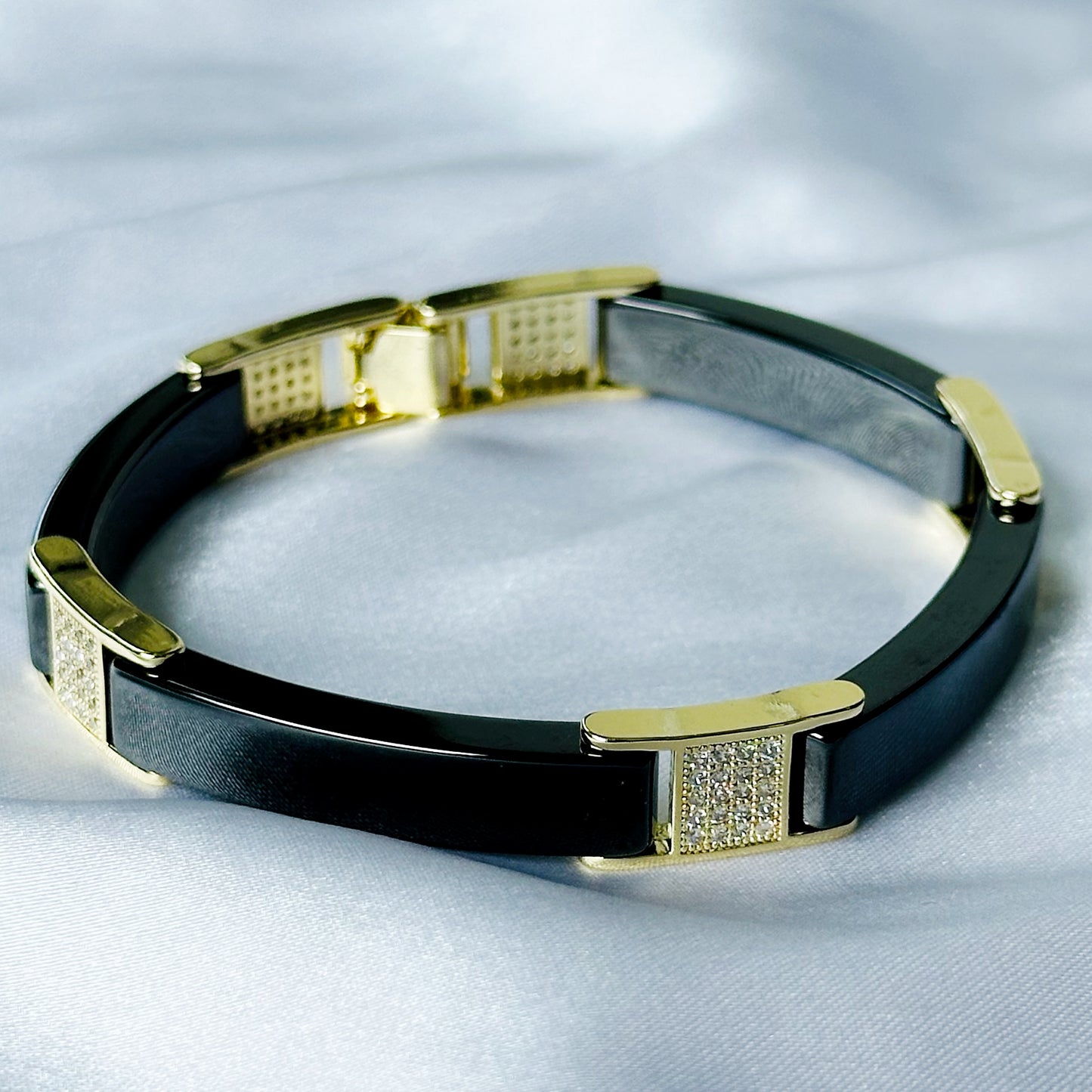 Black & Gold Cubic Zirconia American Diamond Ceramic Stainless Steel Bracelet