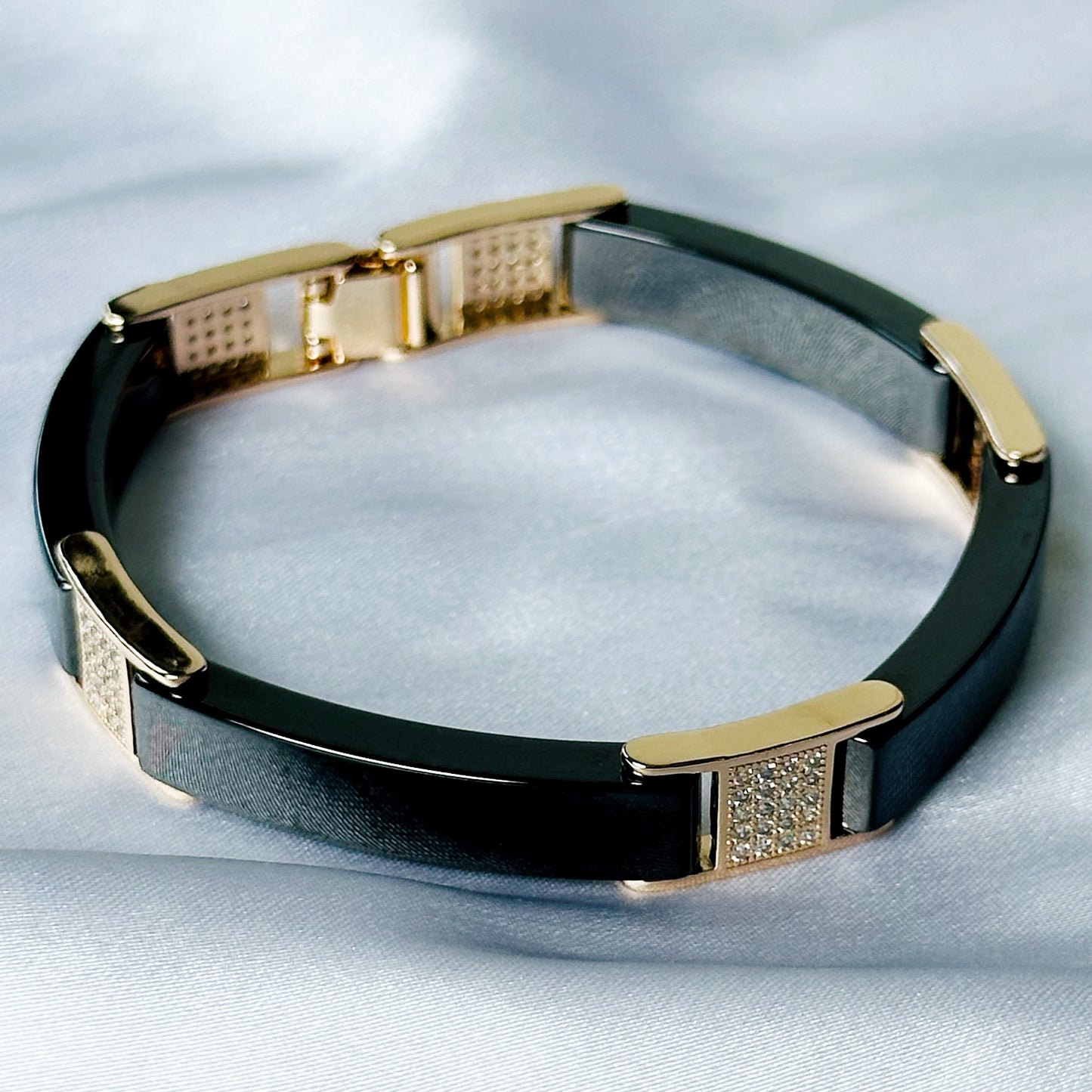 Black & Gold Cubic Zirconia American Diamond Ceramic Stainless Steel Bracelet