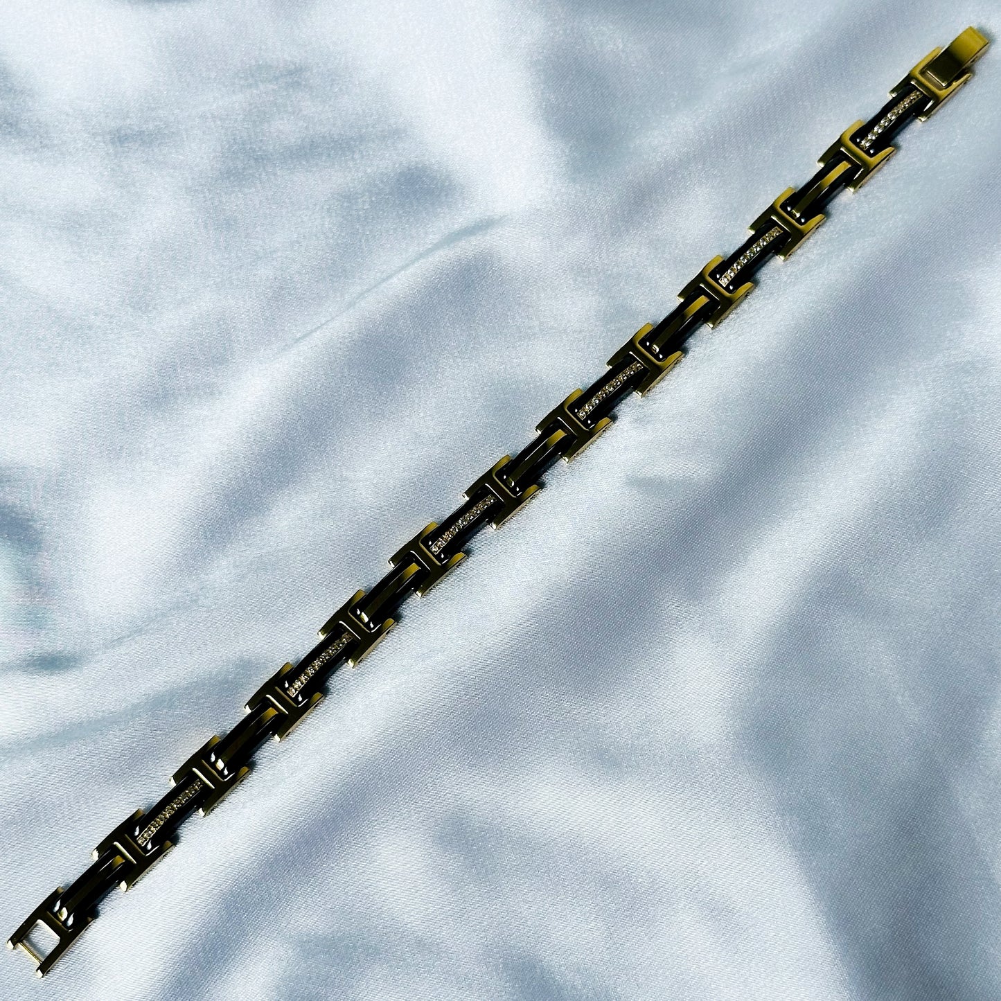 American Diamond Black/Gold Ceramic Stainless Steel Chain Bracelet
