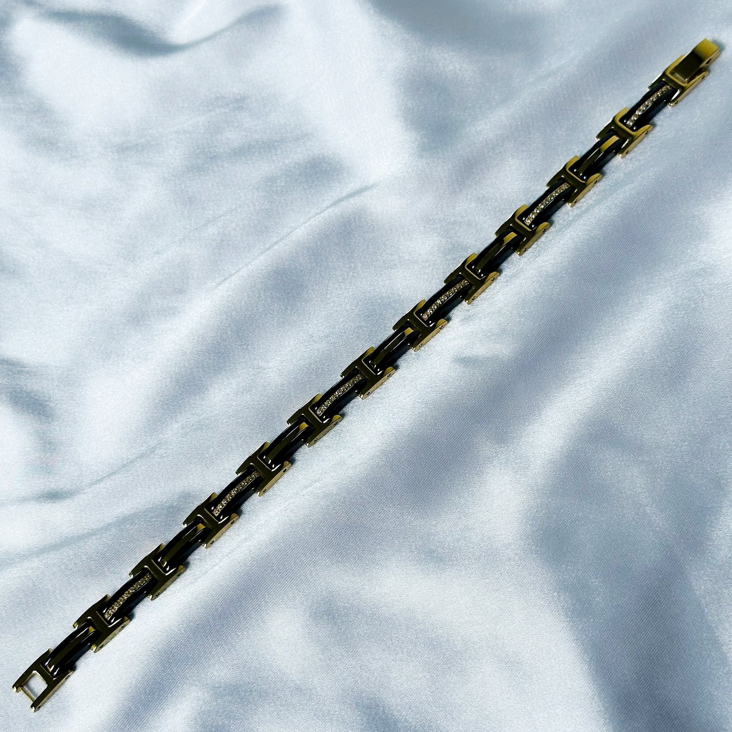American Diamond Black/Gold Ceramic Stainless Steel Chain Bracelet