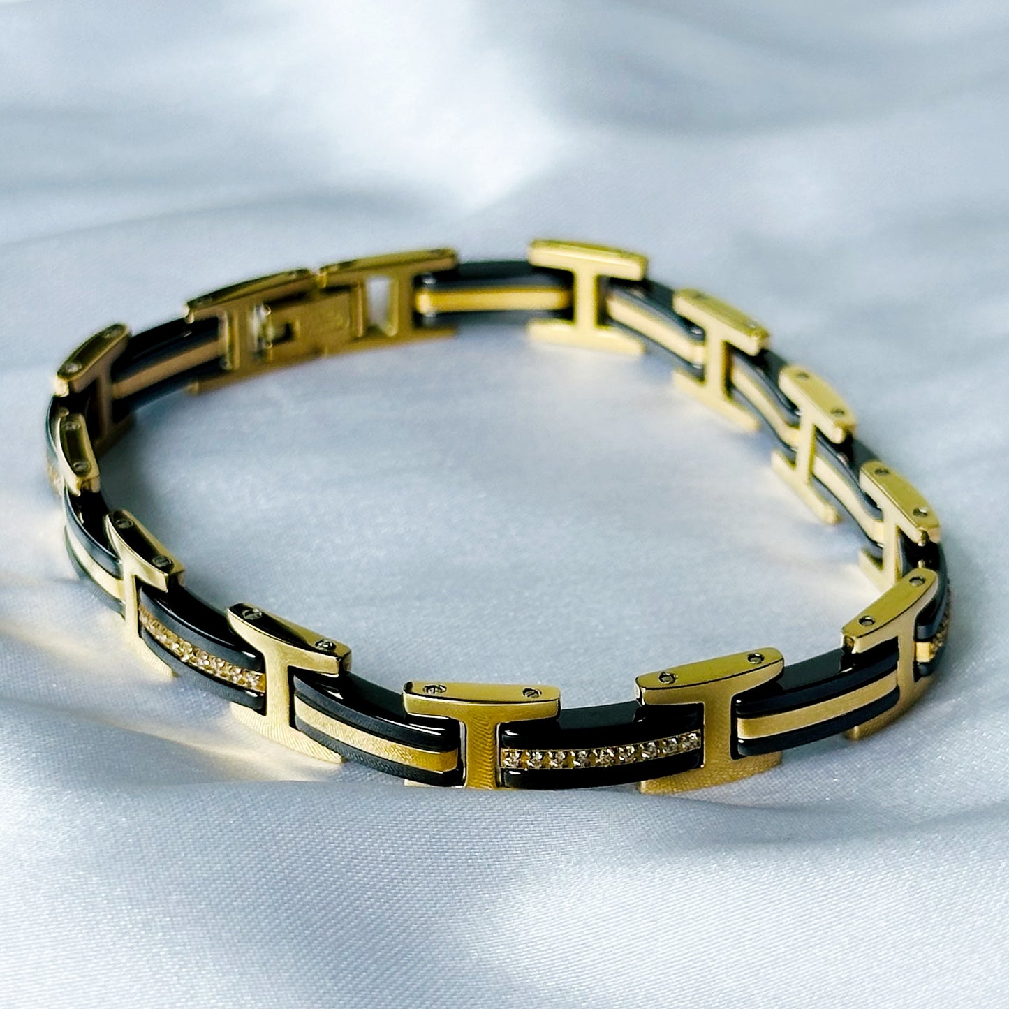 American Diamond Black/Gold Ceramic Stainless Steel Chain Bracelet