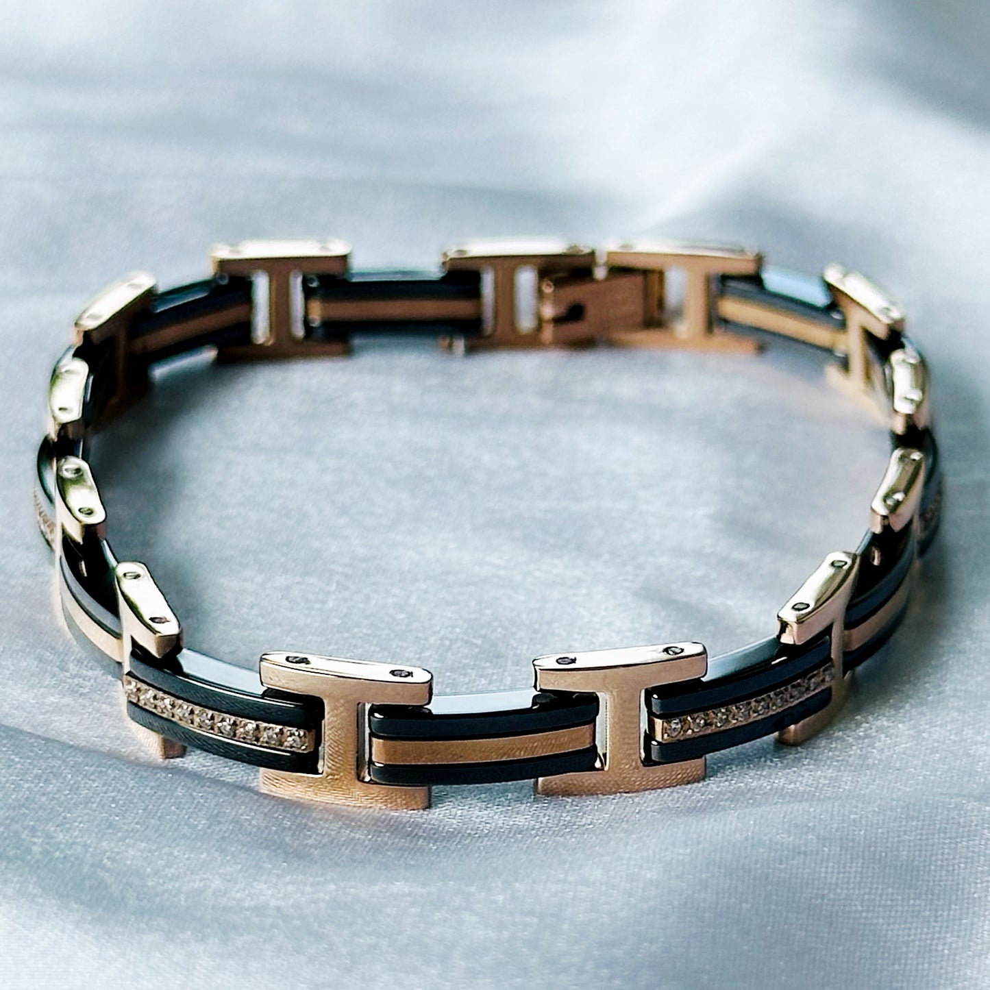 American Diamond Black/Rose Gold Ceramic Stainless Steel Chain Bracelet