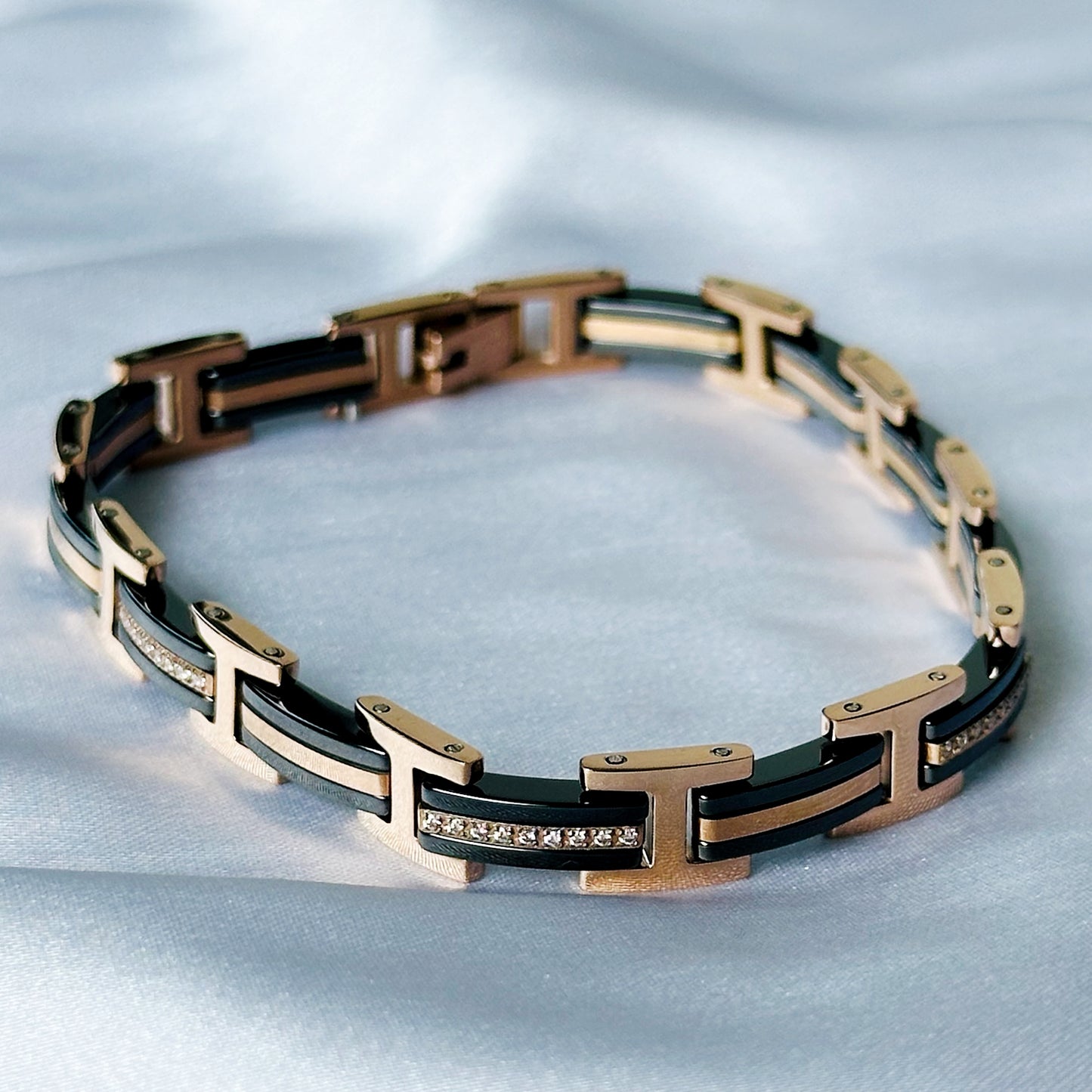 Black & Rose Gold Cubic Zirconia American Diamond Ceramic Stainless Steel Bracelet