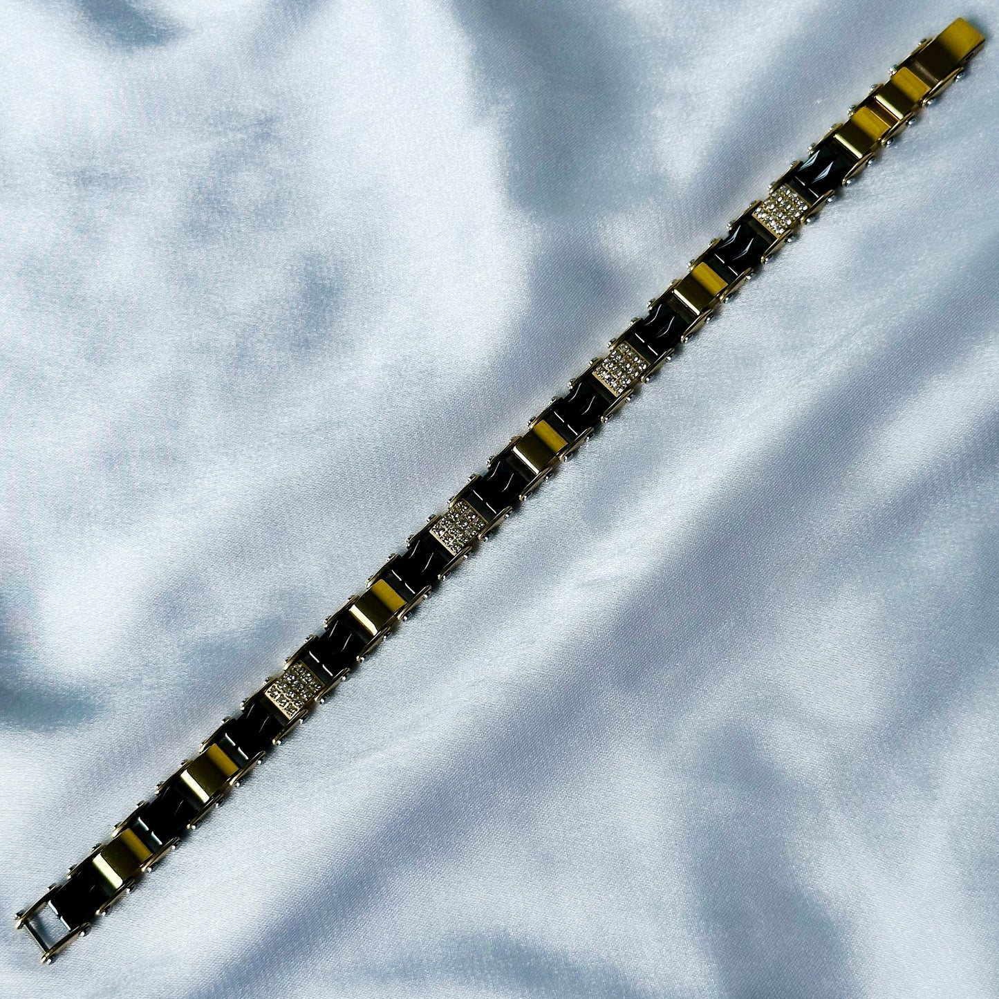 American Diamond Black/Gold Ceramic Stainless Steel Chain Bracelet