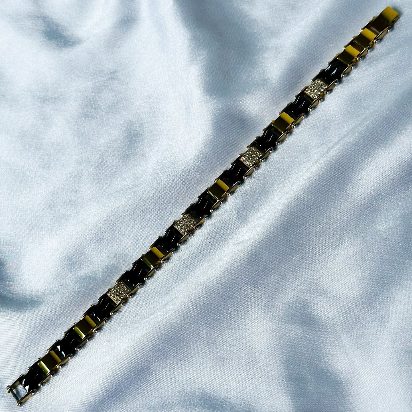 American Diamond Black/Gold Ceramic Stainless Steel Chain Bracelet