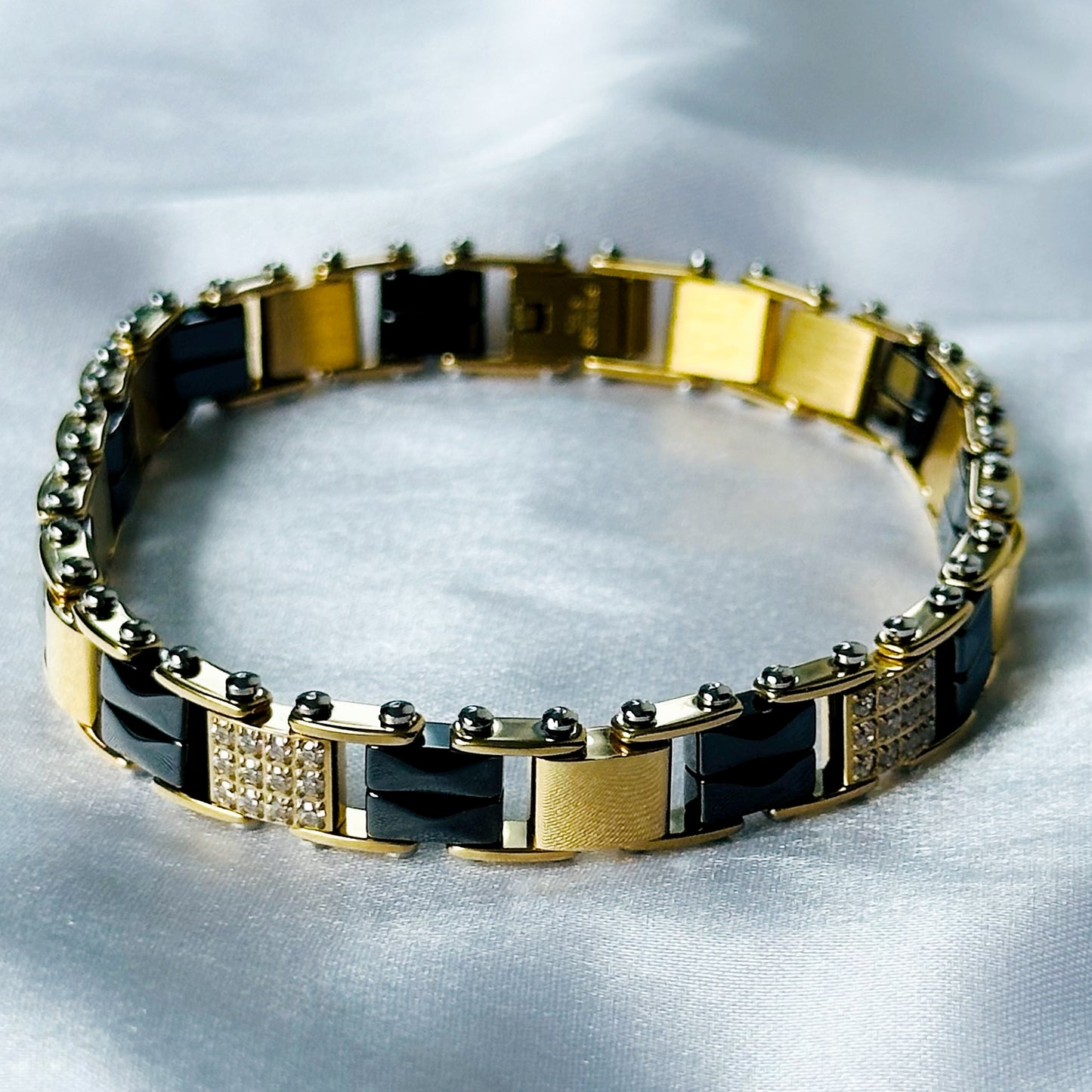 American Diamond Black/Gold Ceramic Stainless Steel Chain Bracelet