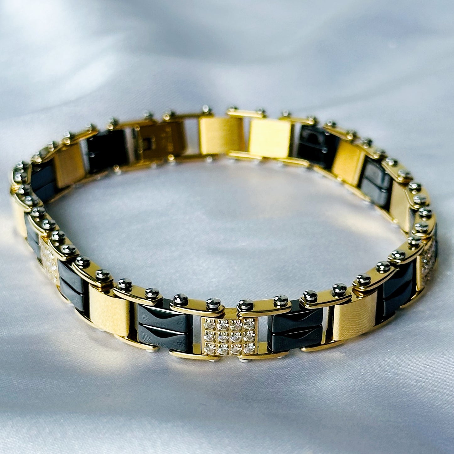 American Diamond Black/Gold Ceramic Stainless Steel Chain Bracelet