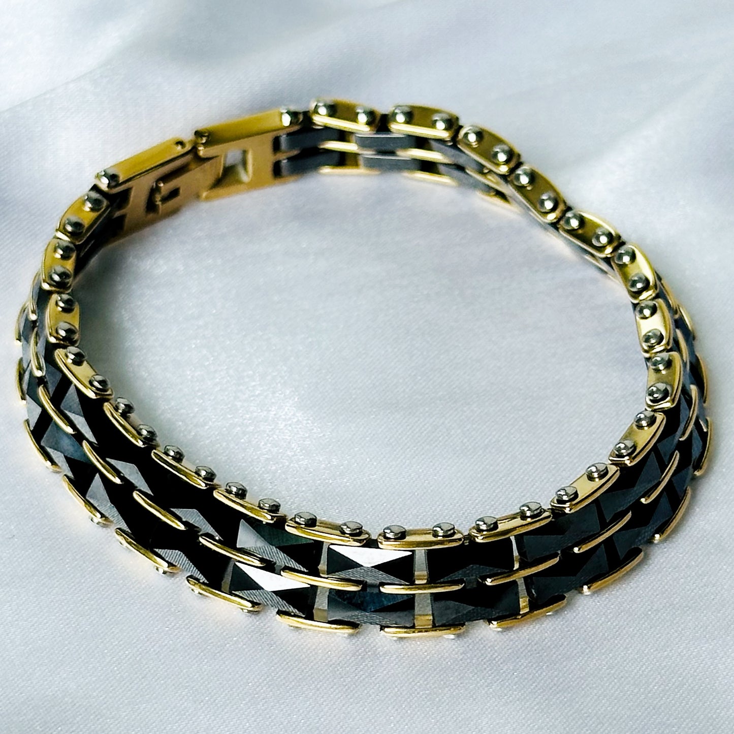 Black & Gold Cubic Zirconia American Diamond Ceramic Stainless Steel Bracelet