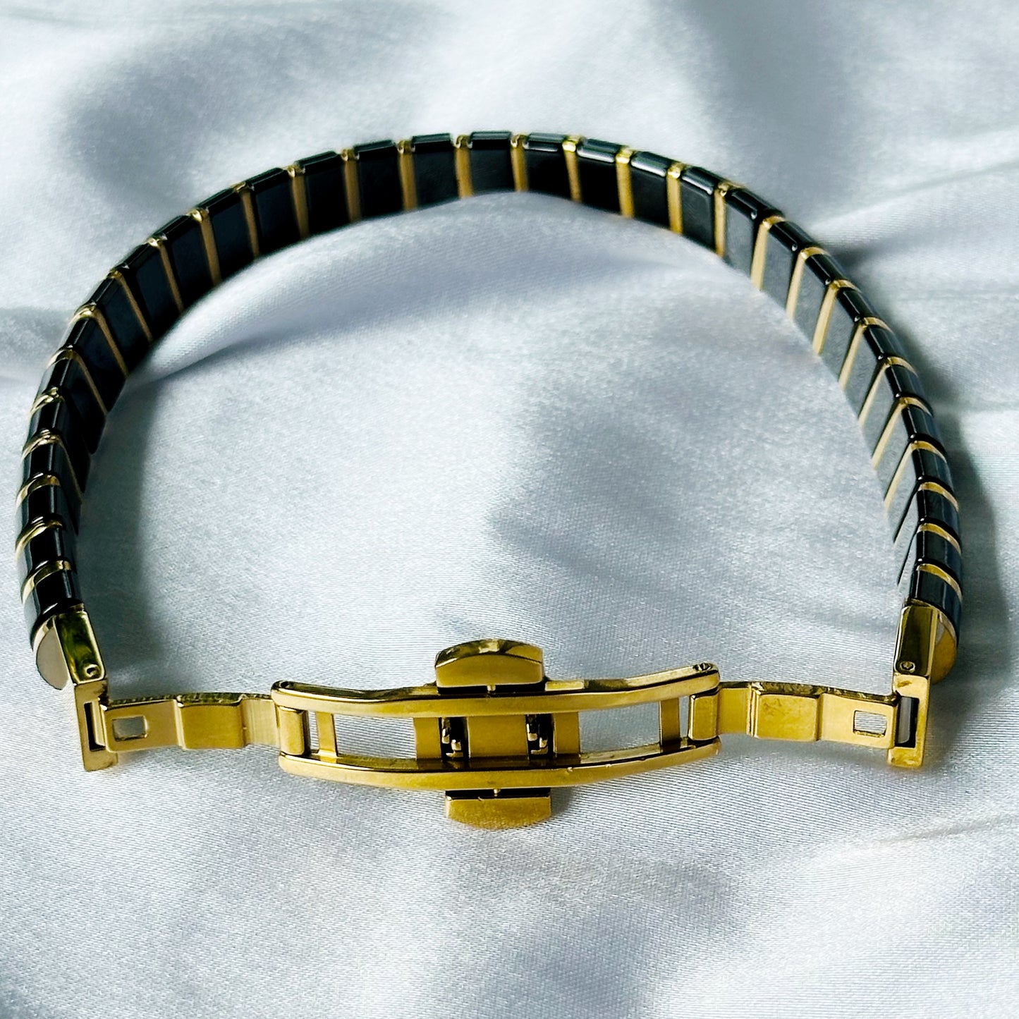 Black & Gold Cubic Zirconia American Diamond Ceramic Stainless Steel Bracelet