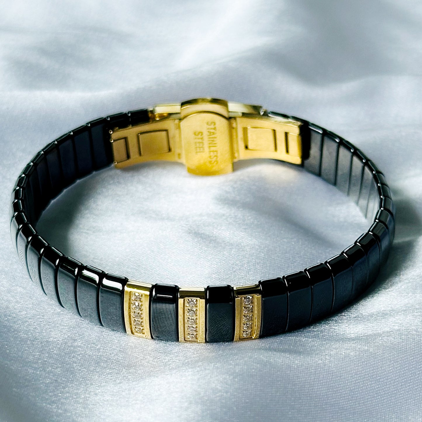 American Diamond Black/Gold Ceramic Stainless Steel Chain Bracelet