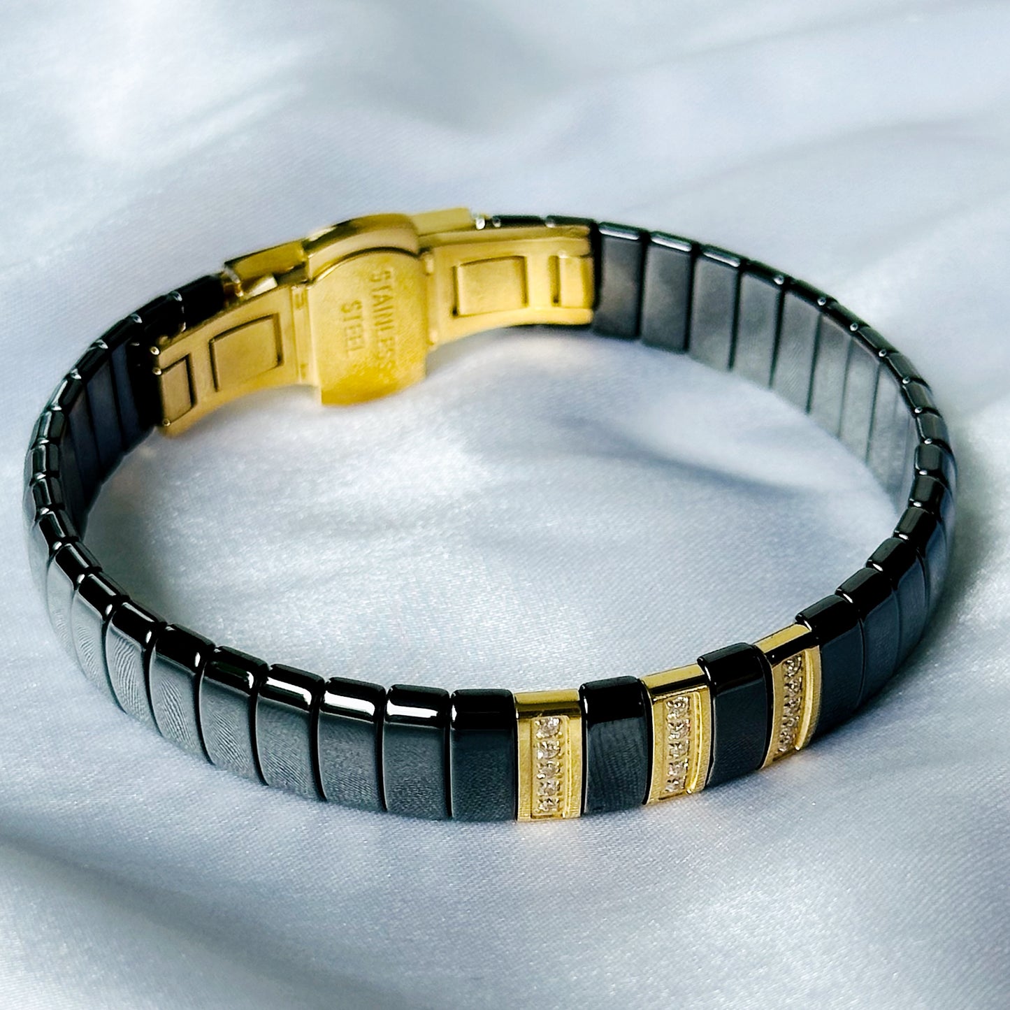 American Diamond Black/Gold Ceramic Stainless Steel Chain Bracelet