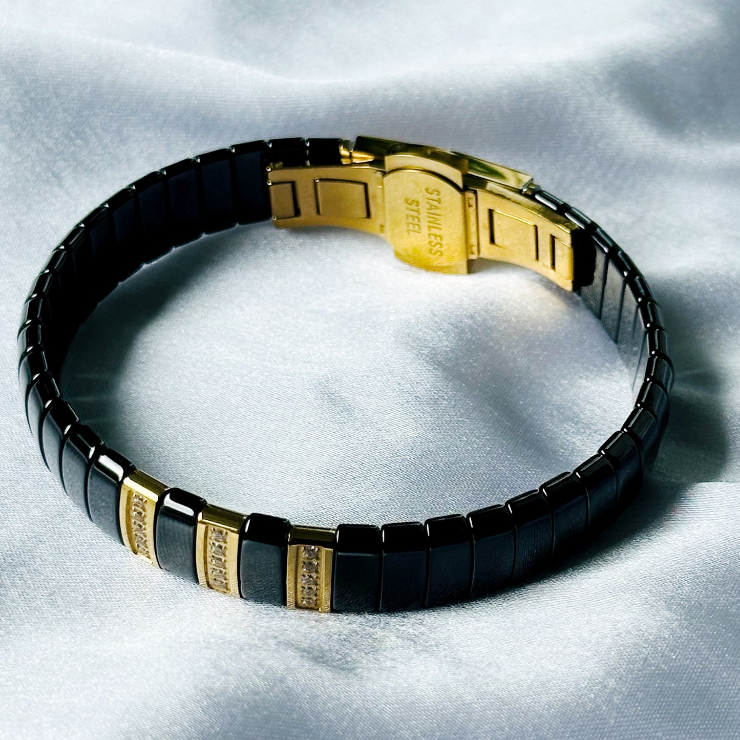 American Diamond Black/Gold Ceramic Stainless Steel Chain Bracelet