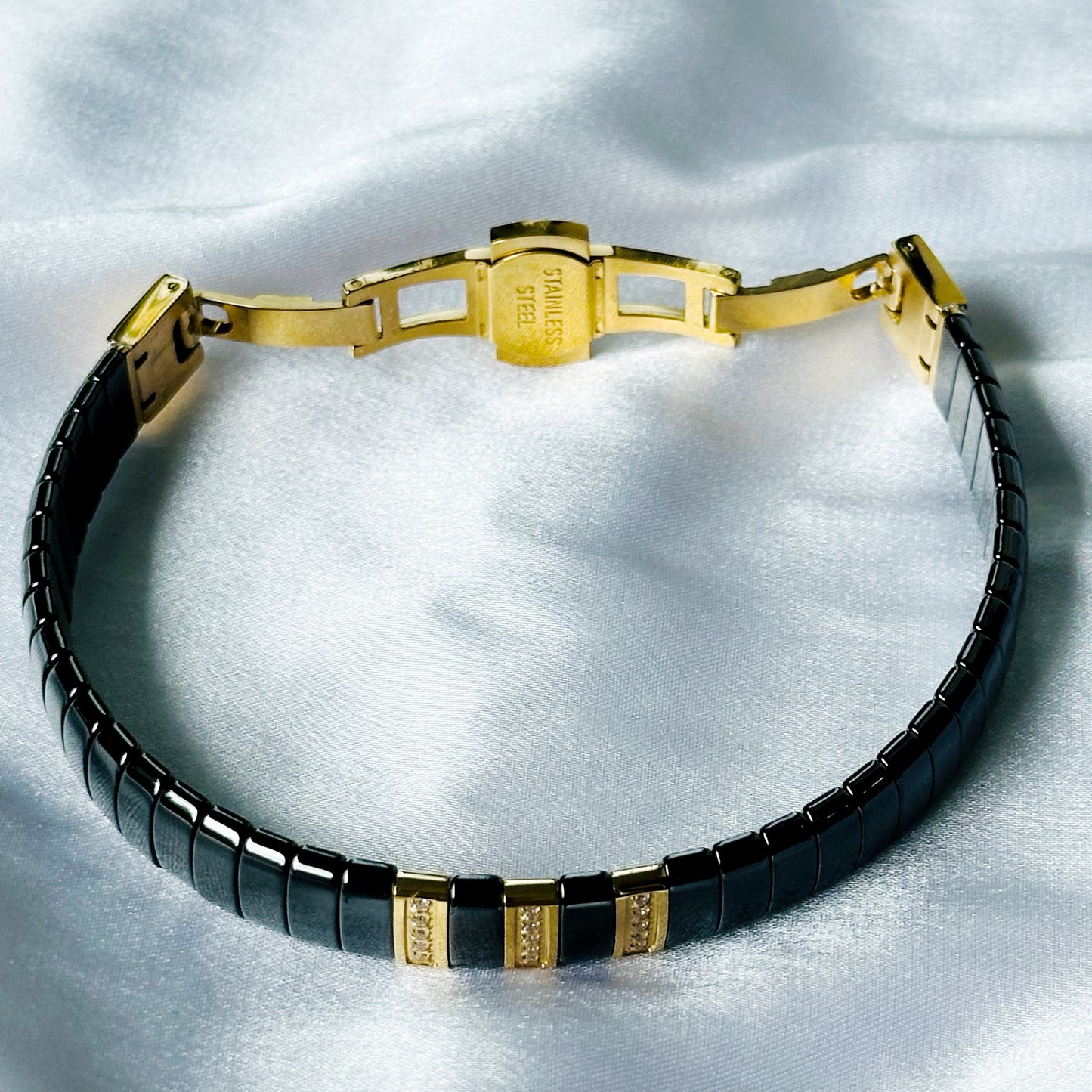 American Diamond Black/Gold Ceramic Stainless Steel Chain Bracelet
