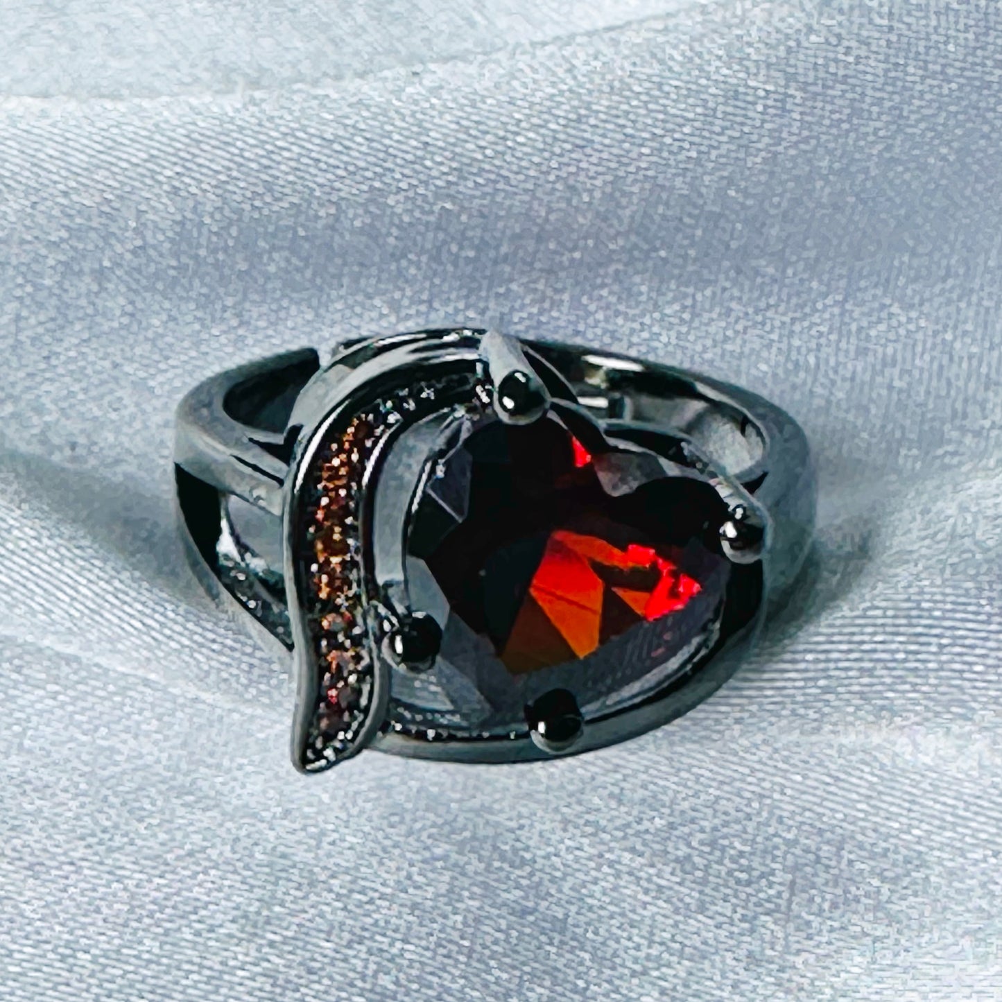 Red Ruby Cubic Zircon American Diamond 18K Black Gun Plated Adjustable Ring