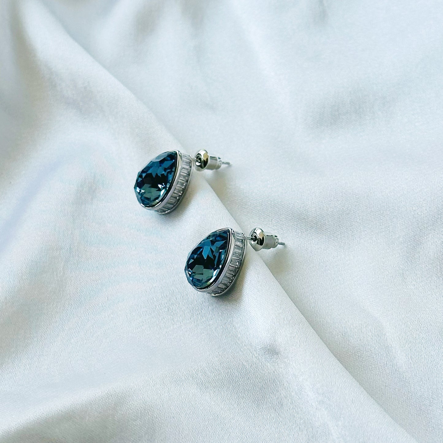 Dark Indigo Blue Swarovski Crystal Silver Plated Stud Earrings