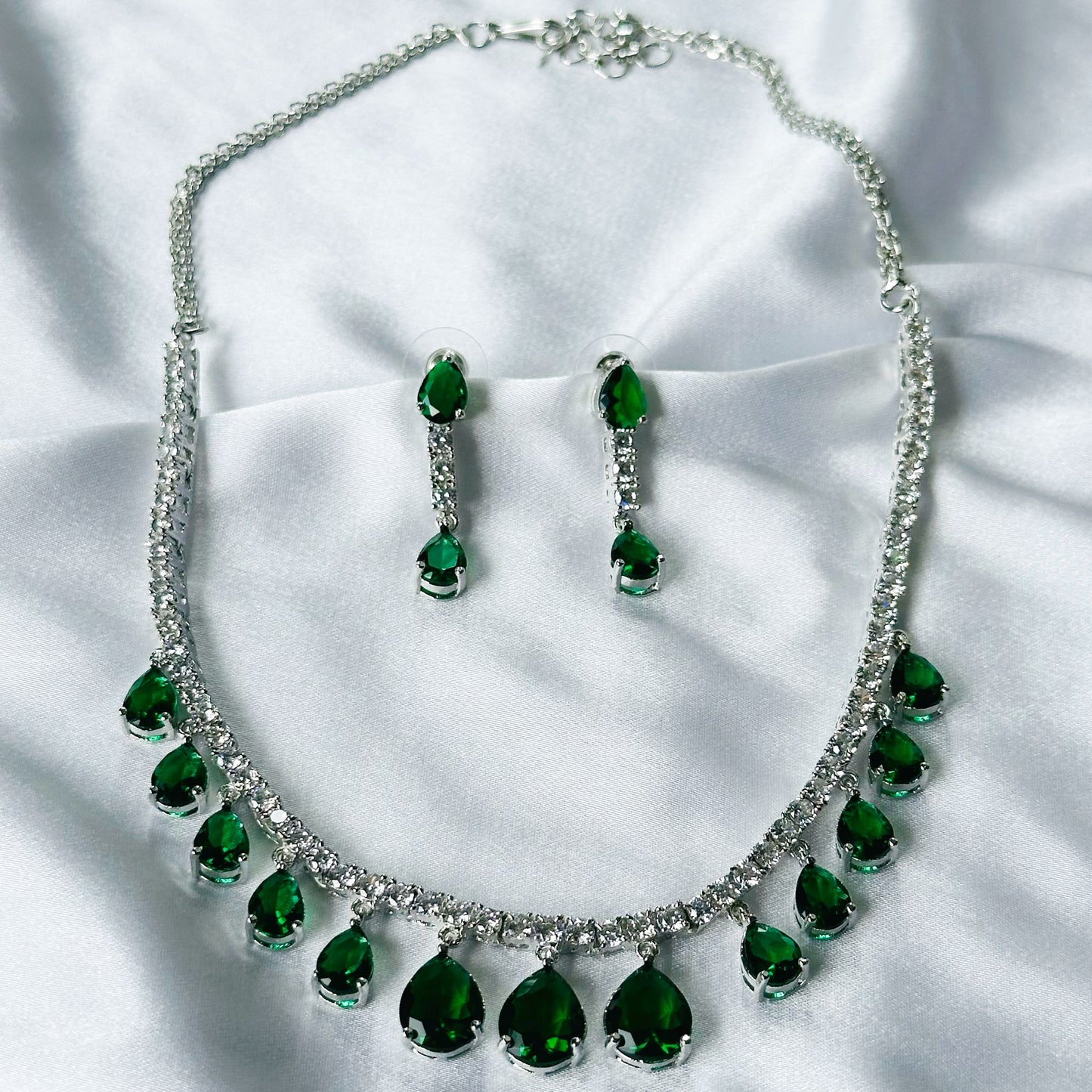 Green Emerald Cubic Zircon Stones American Diamond Silver Plated Necklace Set