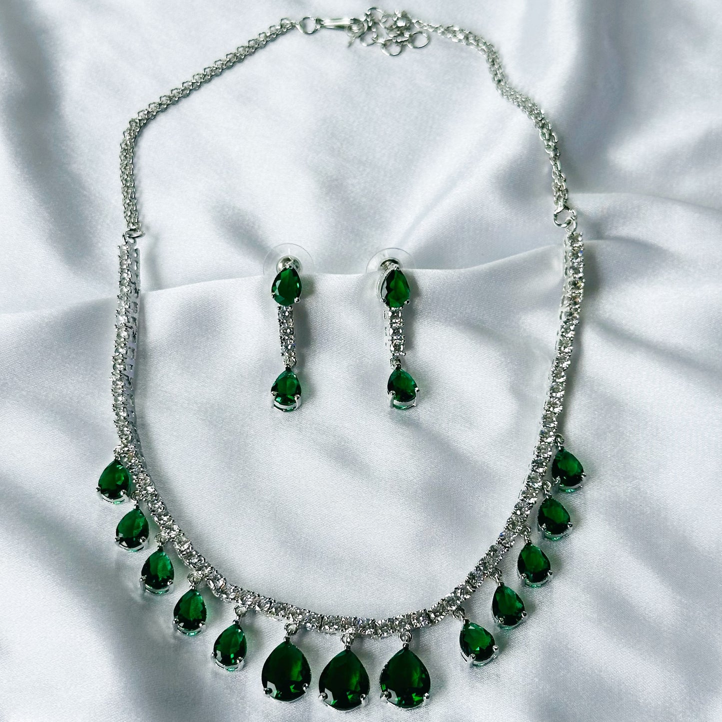 Green Emerald Cubic Zircon Stones American Diamond Silver Plated Necklace Set