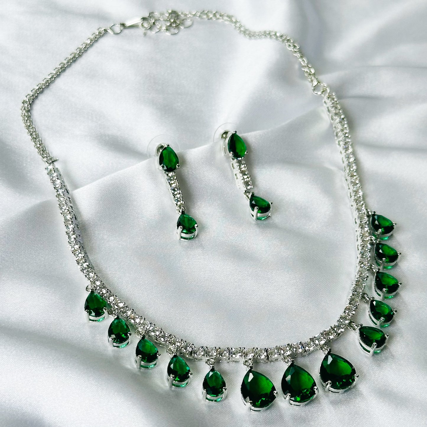 Green Emerald Cubic Zircon Stones American Diamond Silver Plated Necklace Set