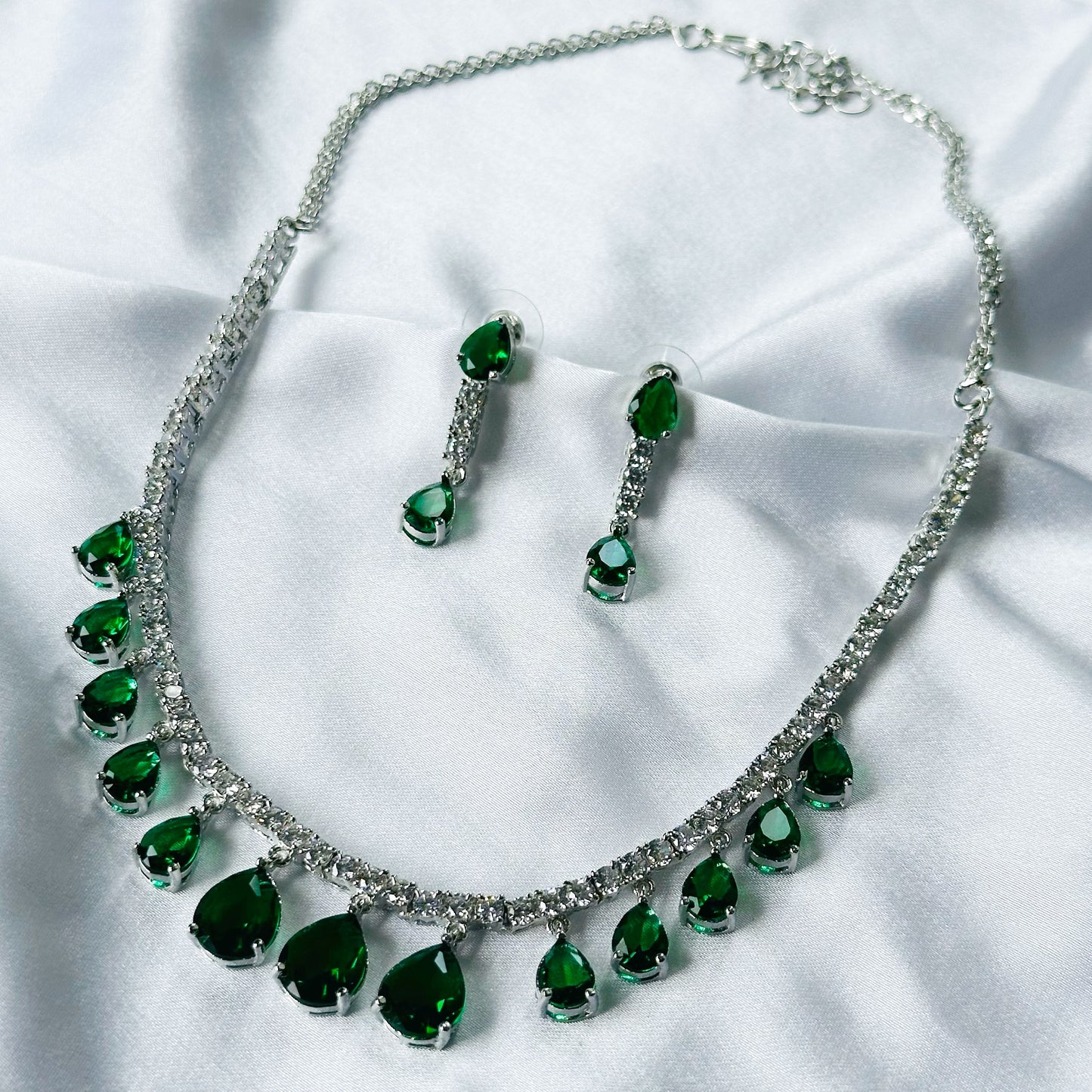 Green Emerald Cubic Zircon Stones American Diamond Silver Plated Necklace Set