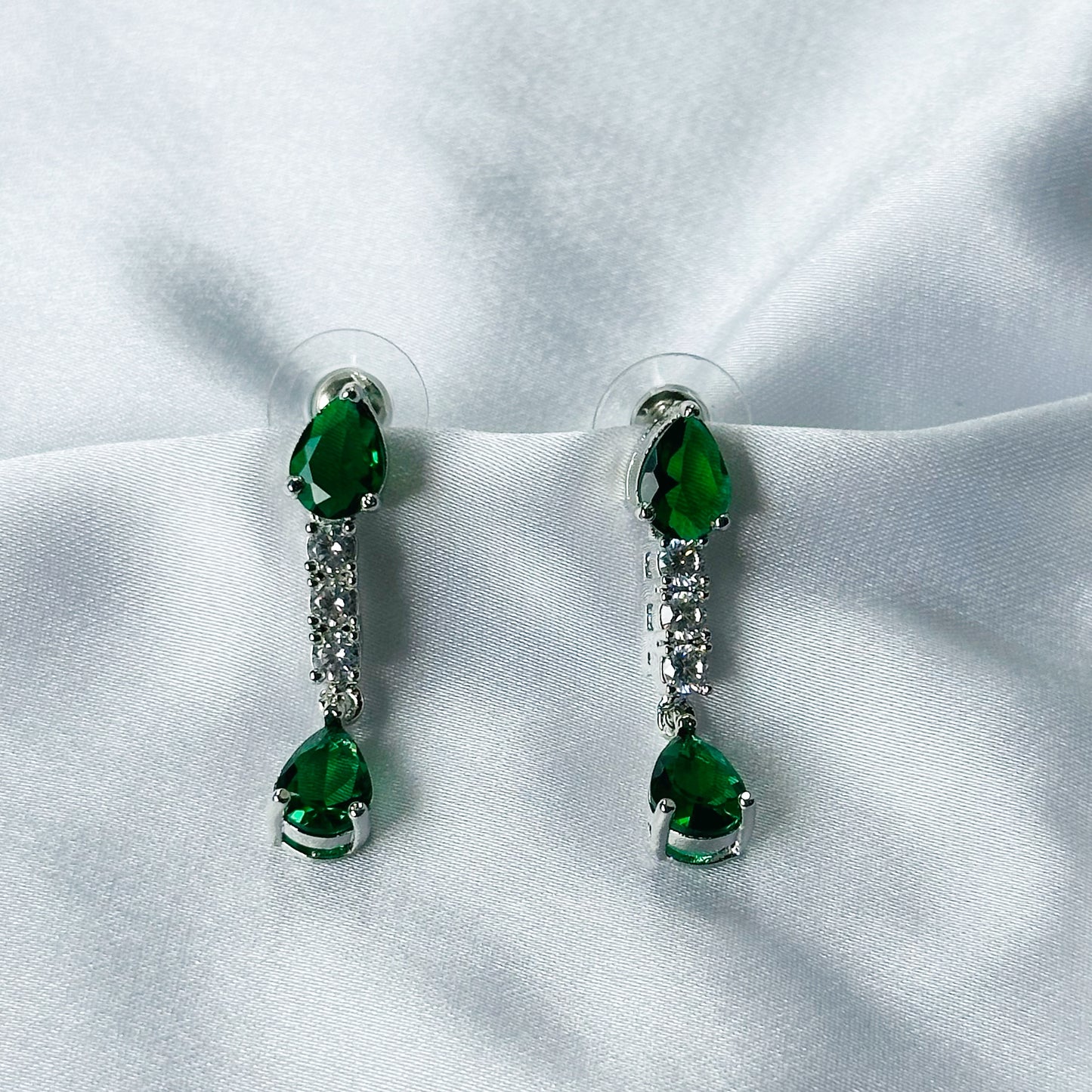 Green Emerald Cubic Zircon Stones American Diamond Silver Plated Necklace Set