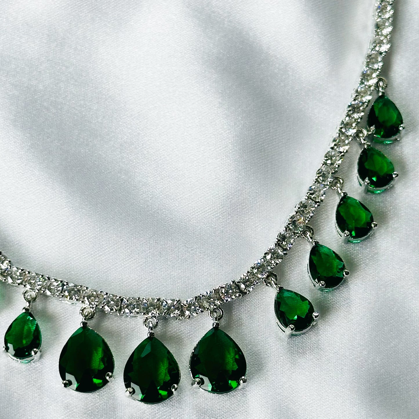 Green Emerald Cubic Zircon Stones American Diamond Silver Plated Necklace Set