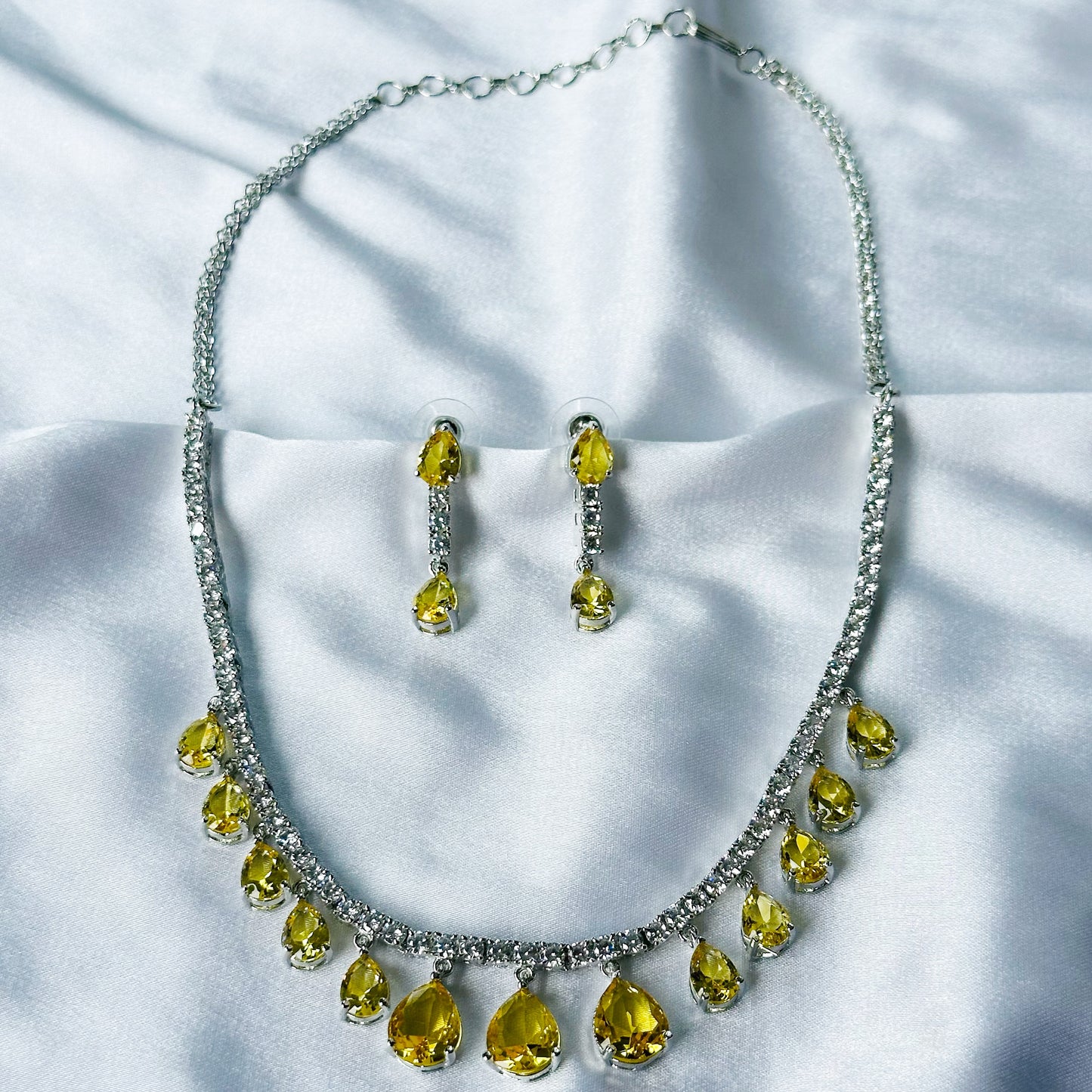 Yellow Topaz Cubic Zircon Stones American Diamond Silver Plated Necklace Set