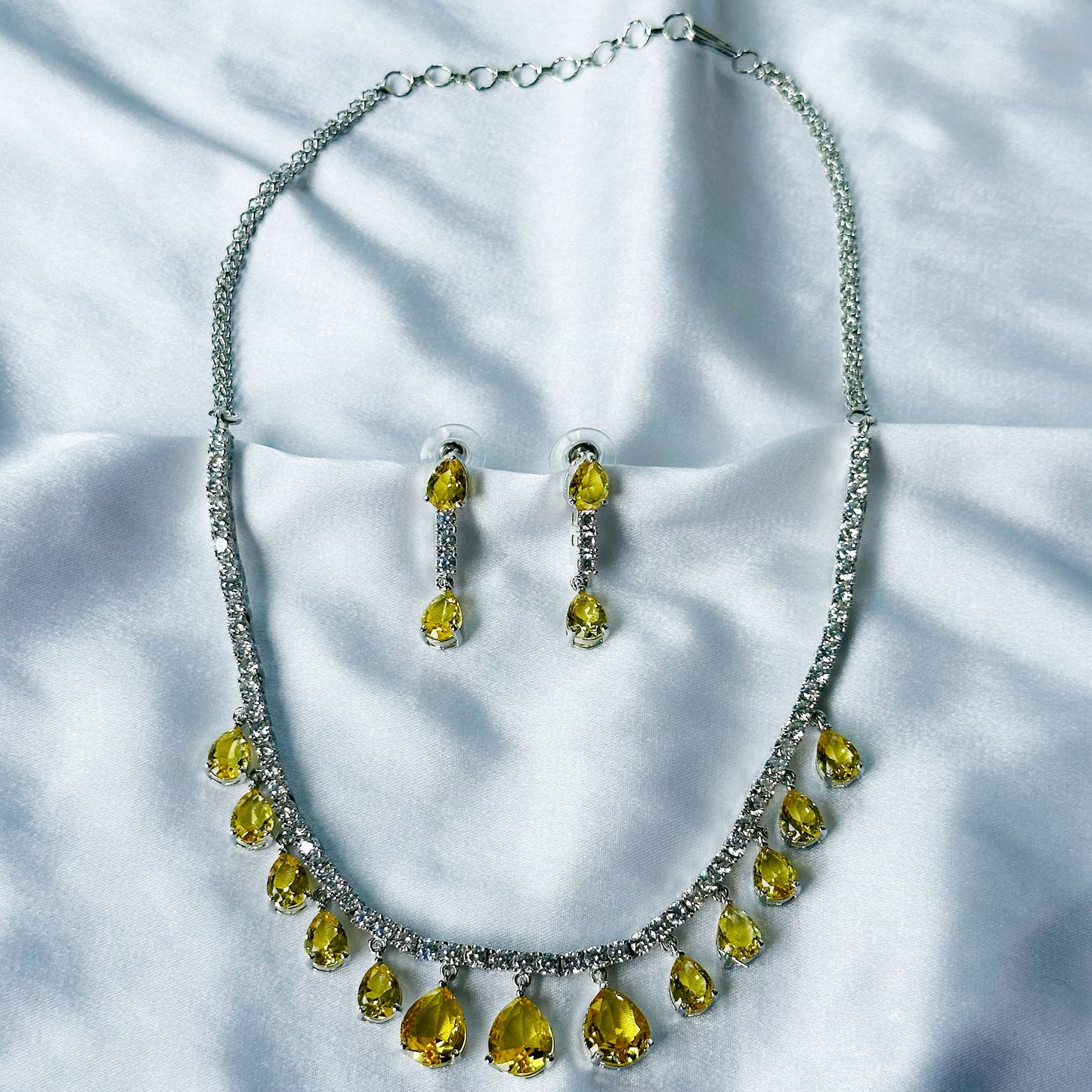 Yellow Topaz Cubic Zircon Stones American Diamond Silver Plated Necklace Set