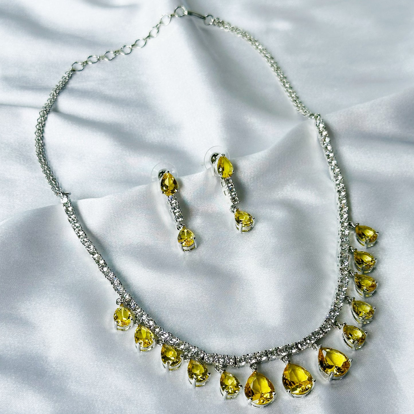 Yellow Topaz Cubic Zircon Stones American Diamond Silver Plated Necklace Set