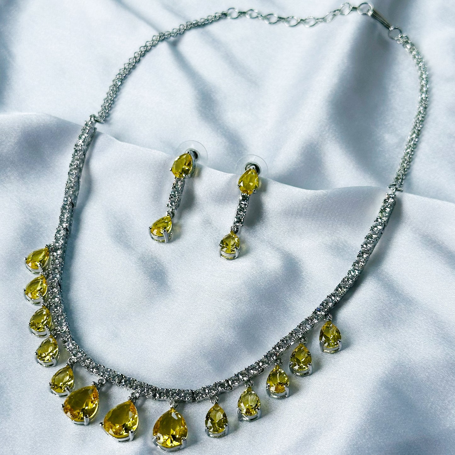 Yellow Topaz Cubic Zircon Stones American Diamond Silver Plated Necklace Set