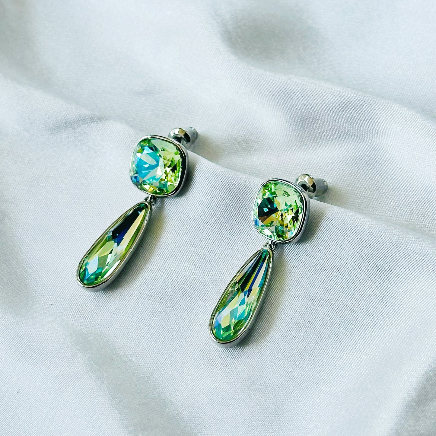 Green Peridot Swarovski Crystal Silver Plated Earrings