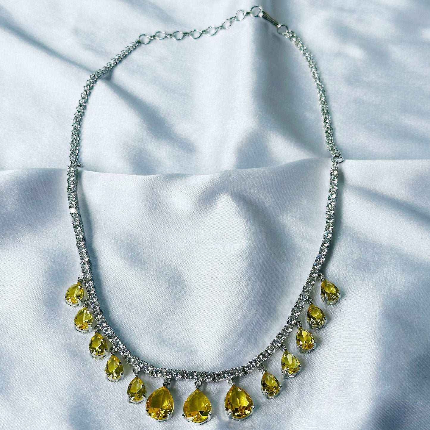 Yellow Topaz Cubic Zircon Stones American Diamond Silver Plated Necklace Set
