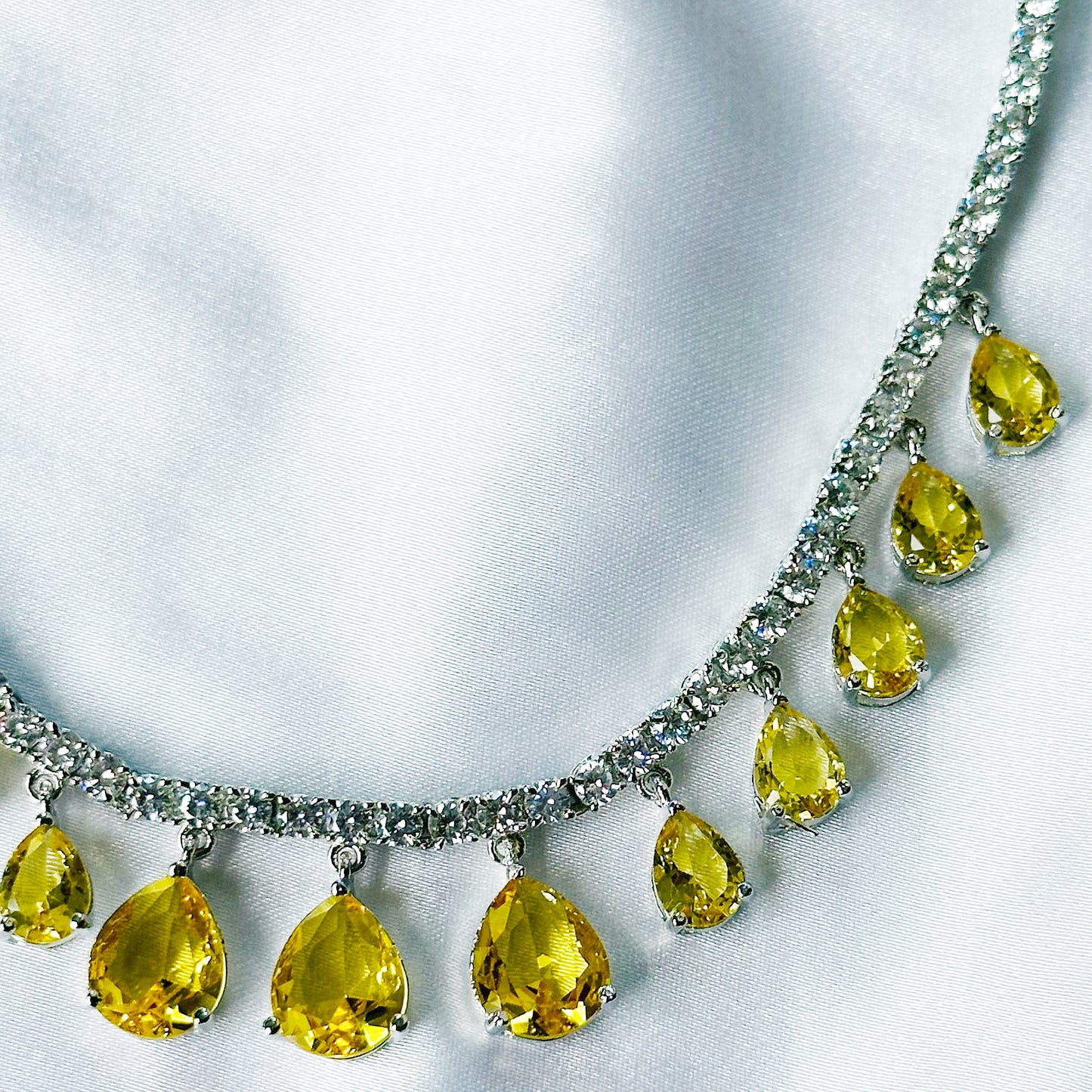 Yellow Topaz Cubic Zircon Stones American Diamond Silver Plated Necklace Set