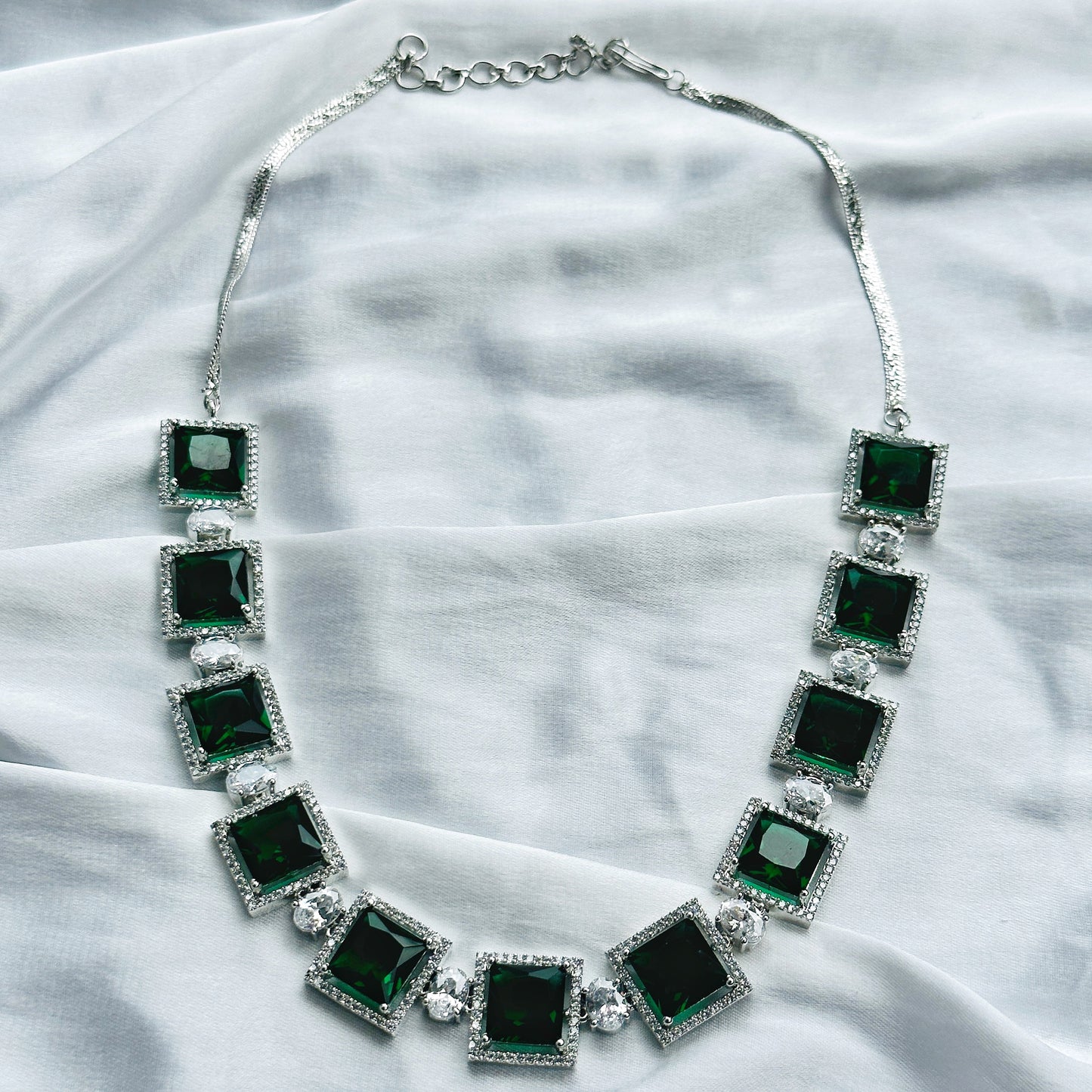 Green Emerald Cubic Zircon Stone American Diamond Silver Plated Necklace Set