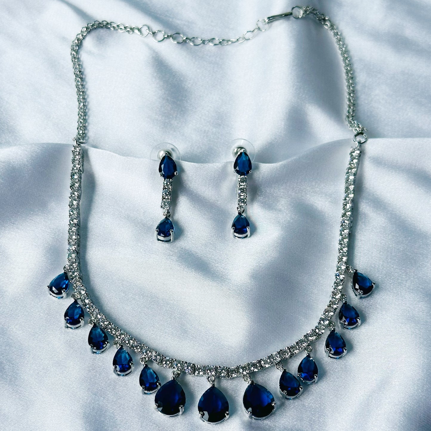 Blue Sapphire Cubic Zircon Stones American Diamond Silver Plated Necklace Set