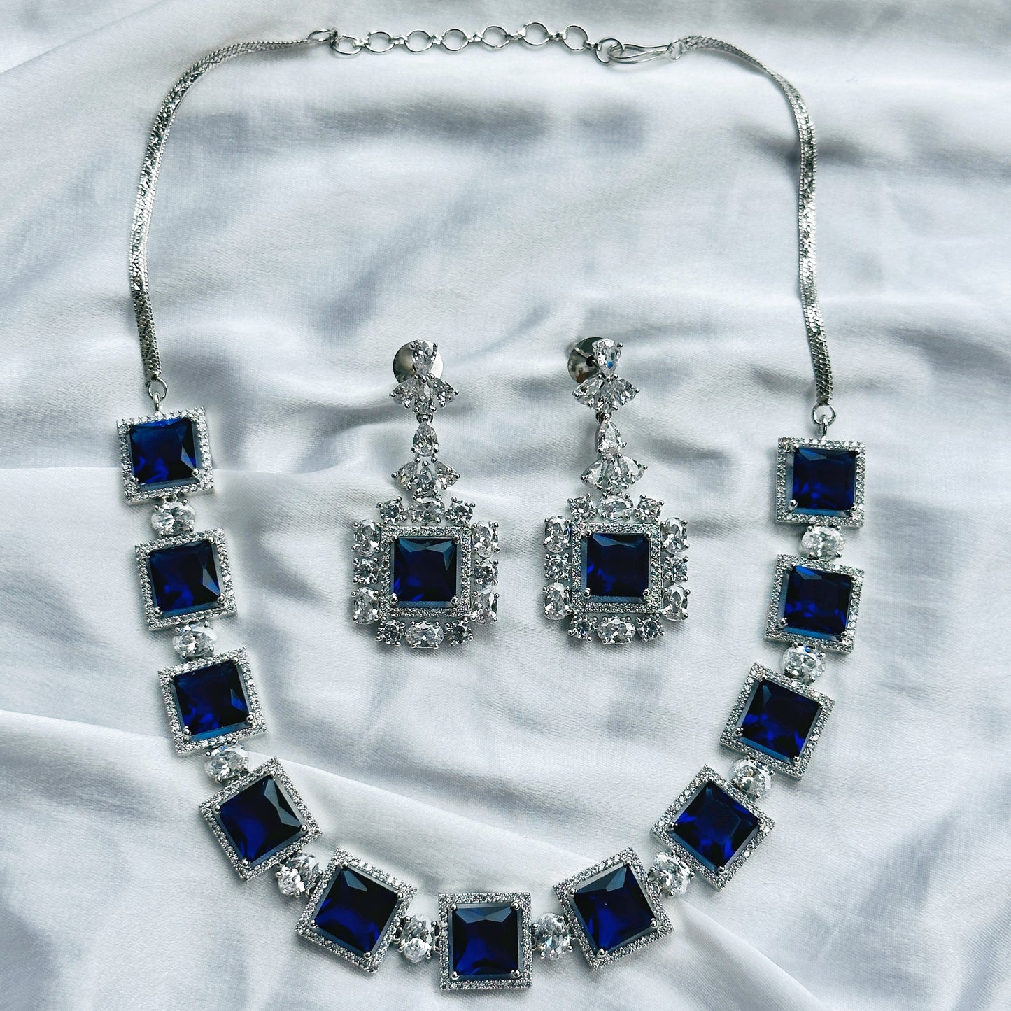 Blue Sapphire Cubic Zircon Stone American Diamond Silver Plated Necklace Set