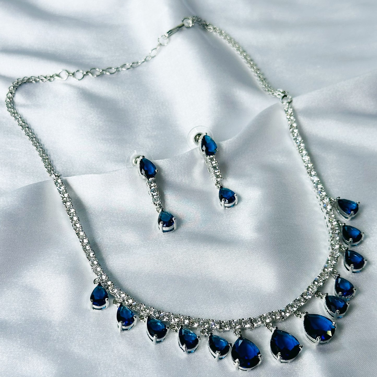 Blue Sapphire Cubic Zircon Stones American Diamond Silver Plated Necklace Set
